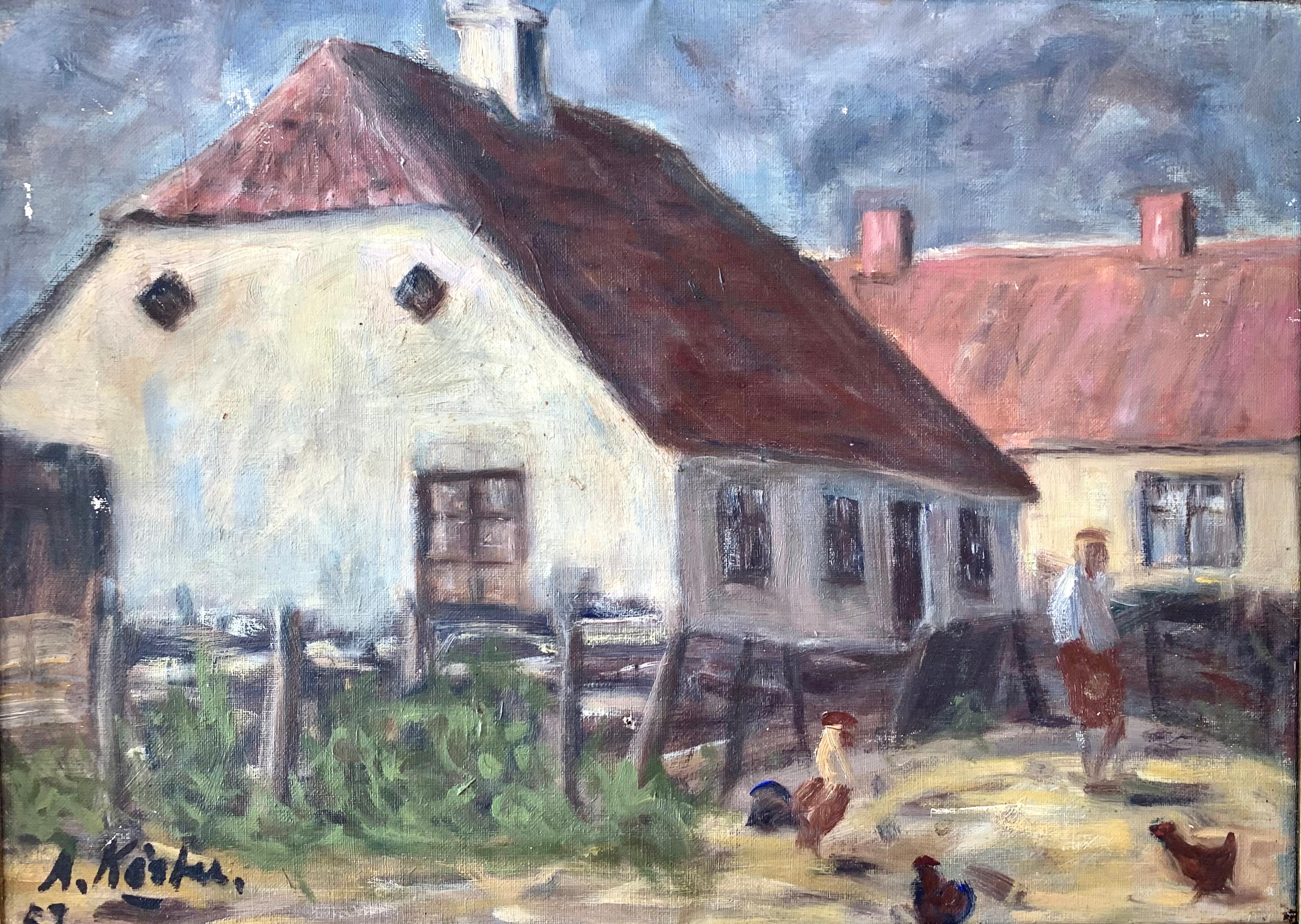 Peinture originale danoise vintage à l'huile sur toile représentant la vie à la campagne dans une petite exploitation. Le motif est constitué de maisons, de poulets et d'une silhouette humaine dans une cour devant la maison. L'herbe est verte et le