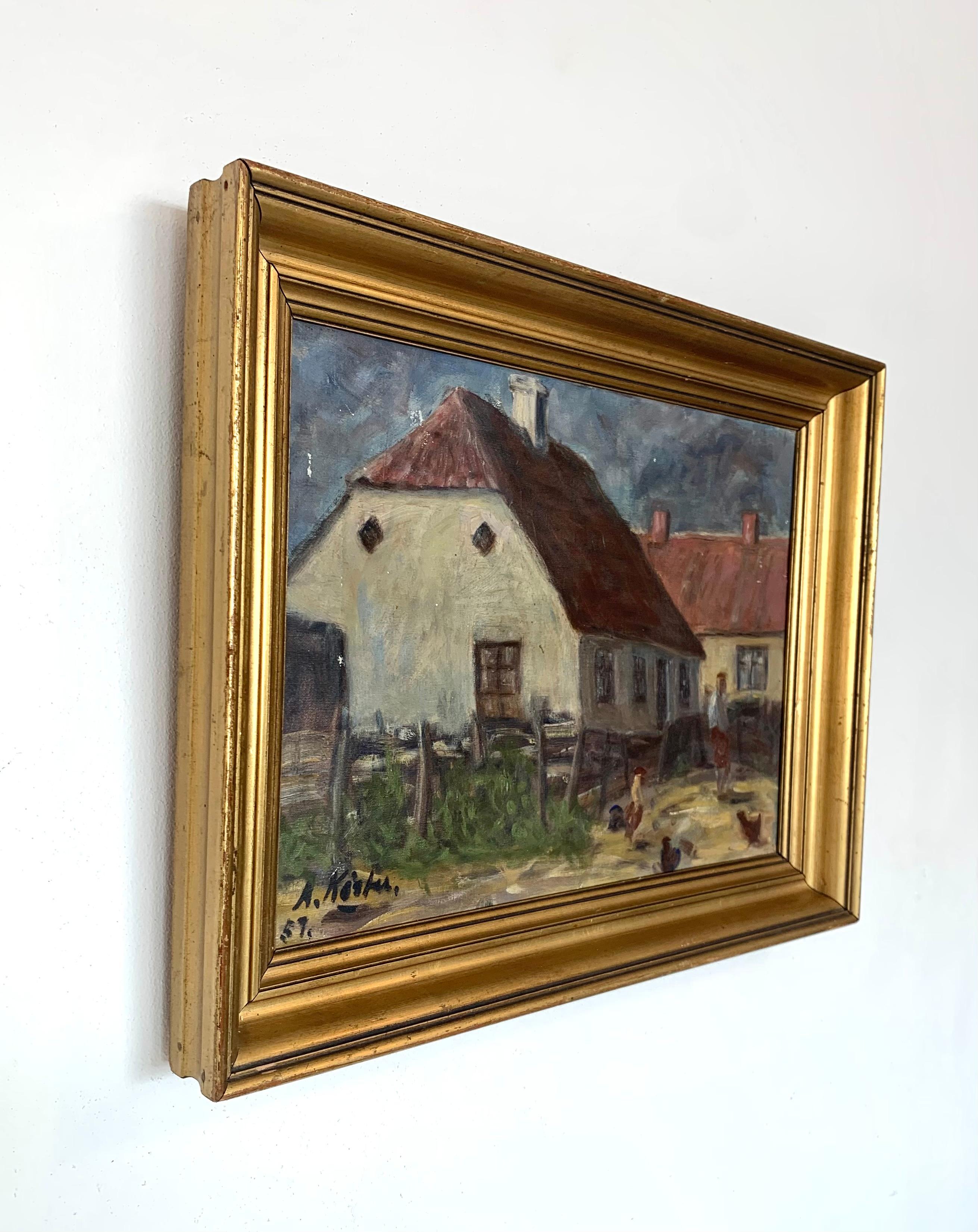 Mid-Century Modern Peinture à l'huile danoise originale du milieu du siècle représentant un paysage de campagne avec des poulets en vente
