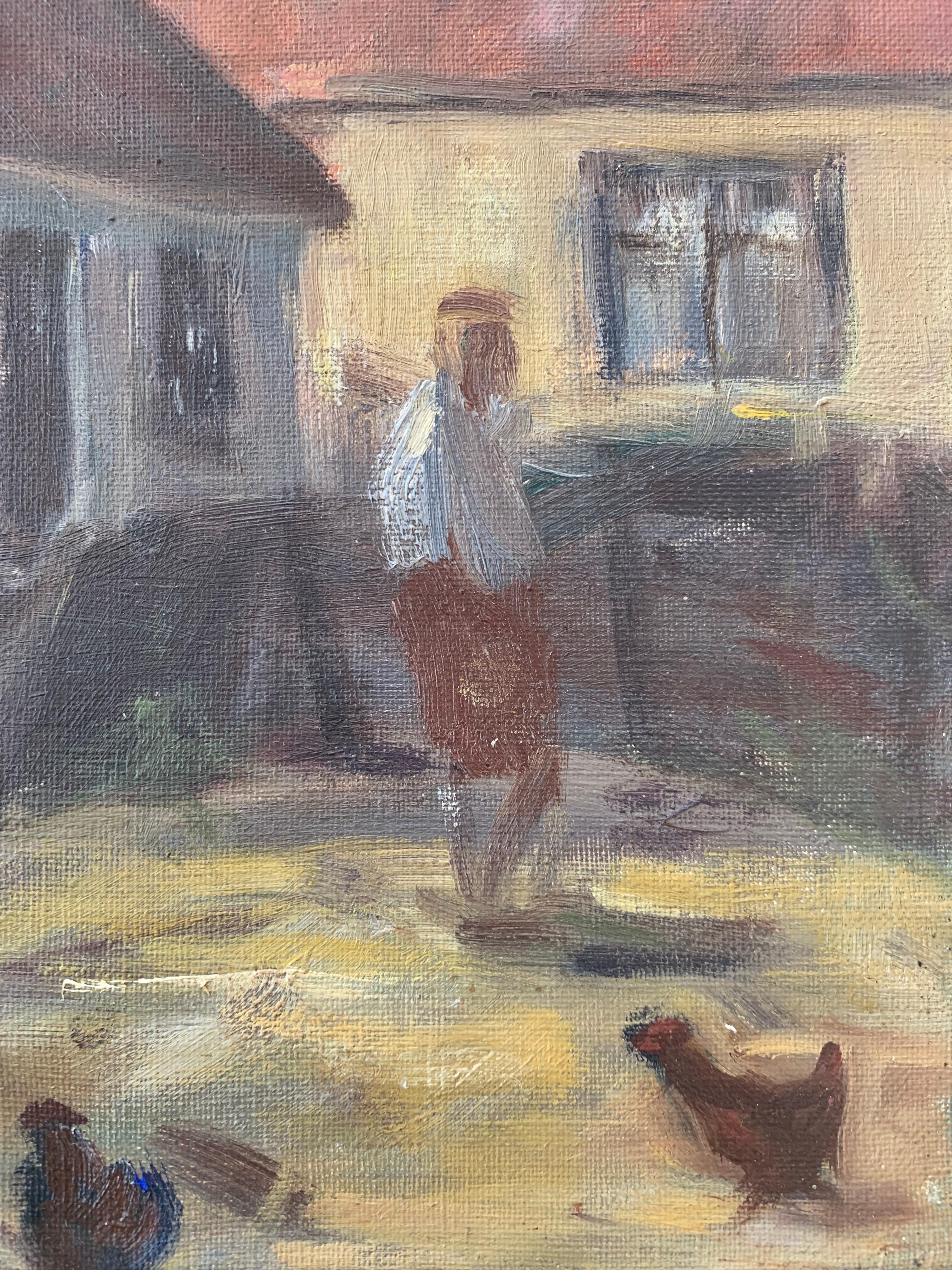 Danois Peinture à l'huile danoise originale du milieu du siècle représentant un paysage de campagne avec des poulets en vente