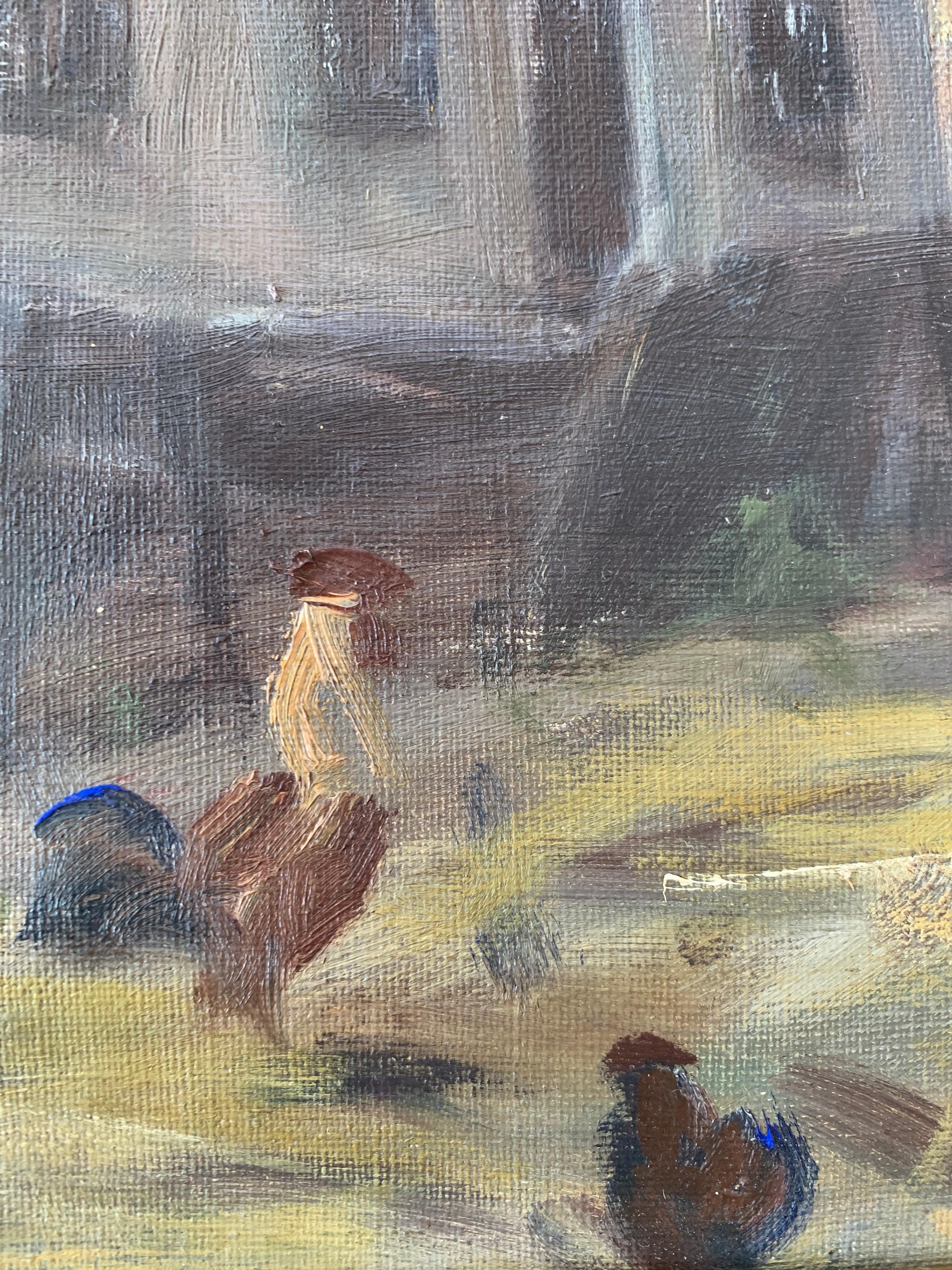 20ième siècle Peinture à l'huile danoise originale du milieu du siècle représentant un paysage de campagne avec des poulets en vente