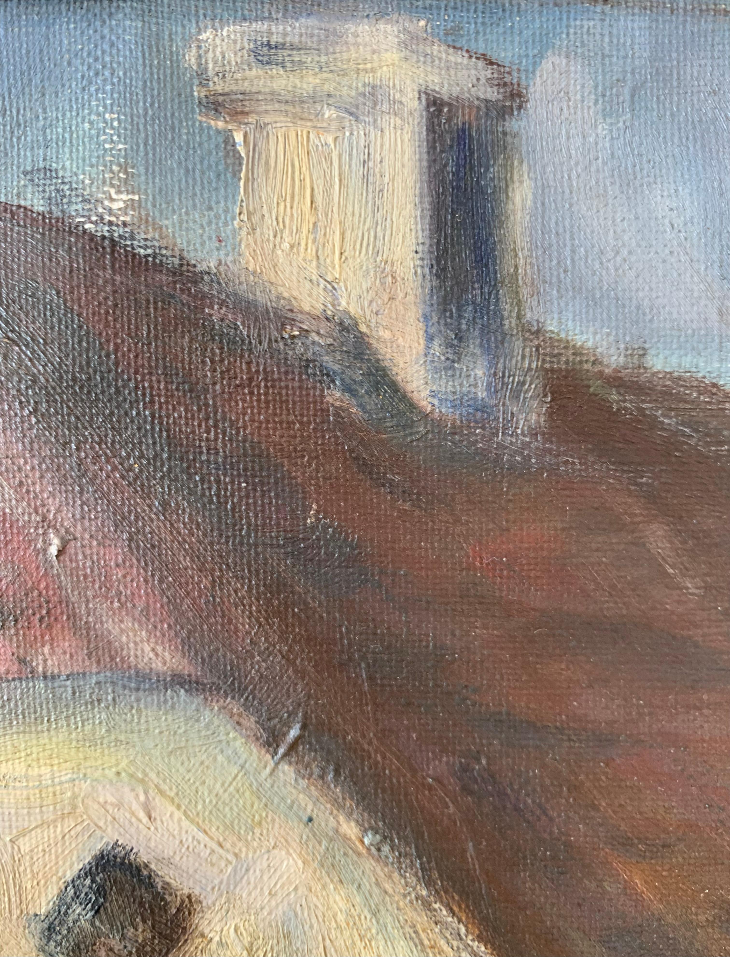 Peinture à l'huile danoise originale du milieu du siècle représentant un paysage de campagne avec des poulets en vente 3