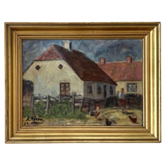 Peinture à l'huile danoise originale du milieu du siècle représentant un paysage de campagne avec des poulets