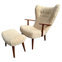 Danish original vintage lounge chair and stool by Madsen and Schubell, Denmark.