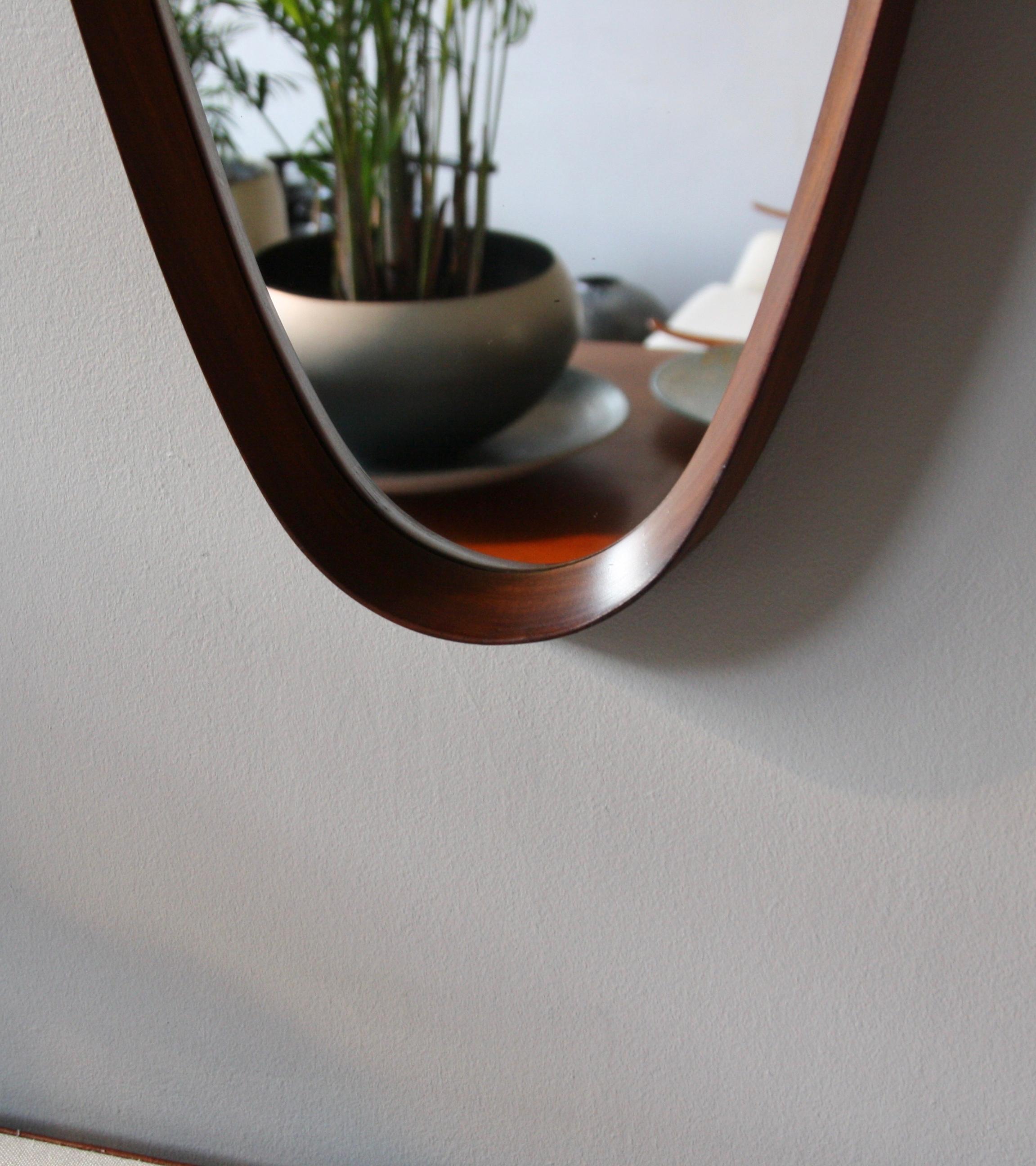 Danish Oval Shaped Vintage Wall Mirror with Leather Hanging Strap, circa 1950 2