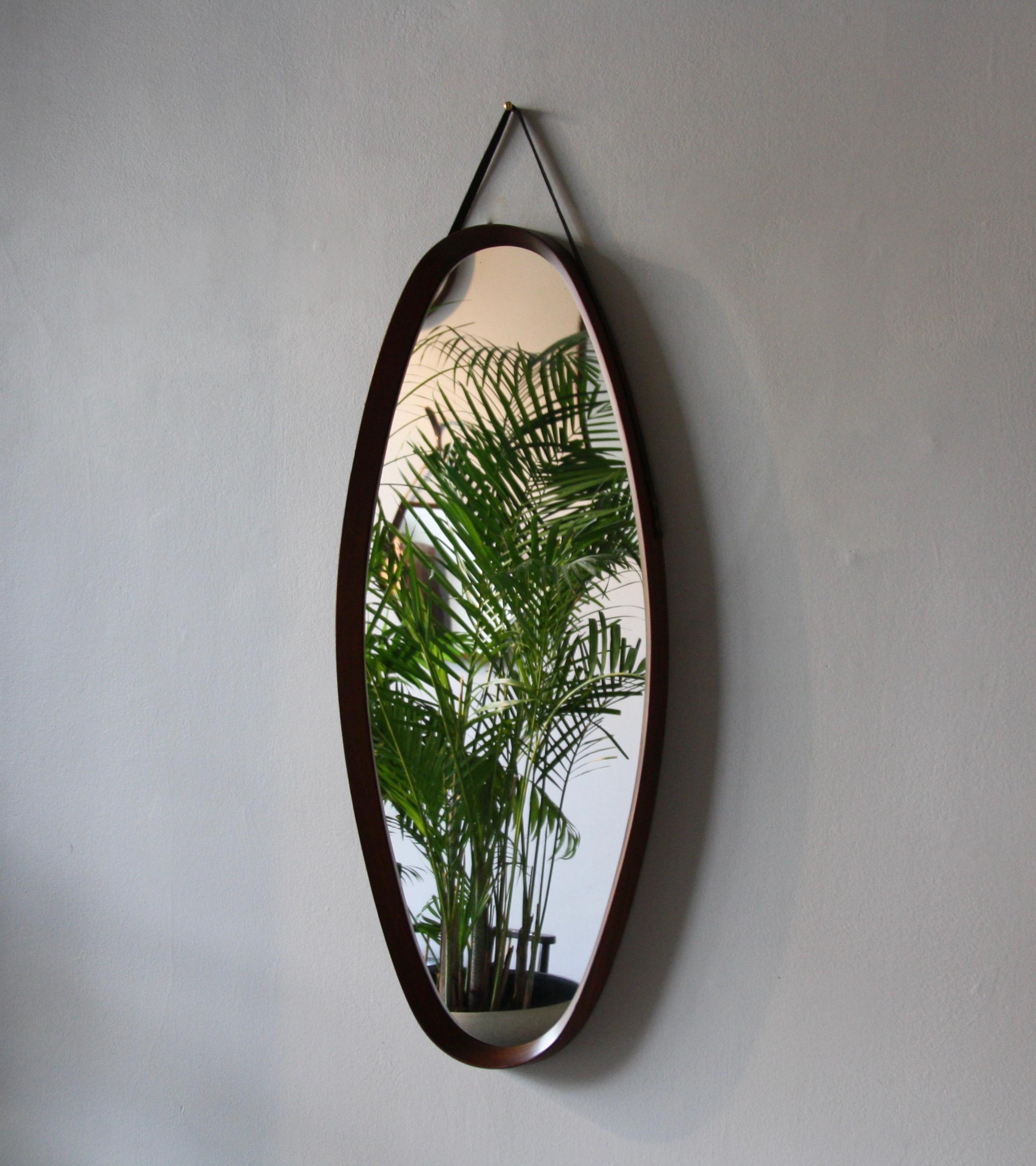 Danish Oval Shaped Vintage Wall Mirror with Leather Hanging Strap, circa 1950 3