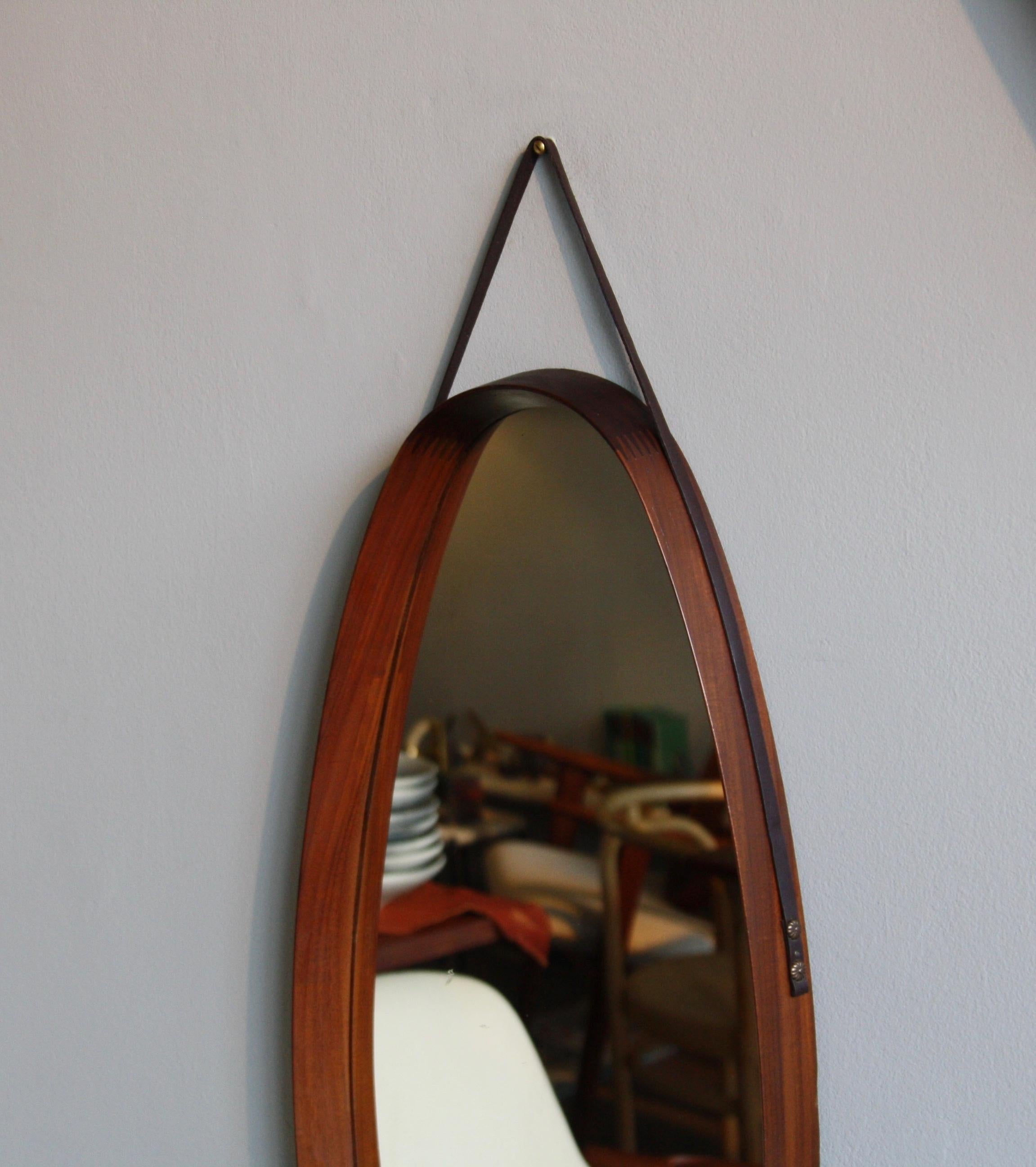 Teak Danish Oval Shaped Vintage Wall Mirror with Leather Hanging Strap, circa 1950