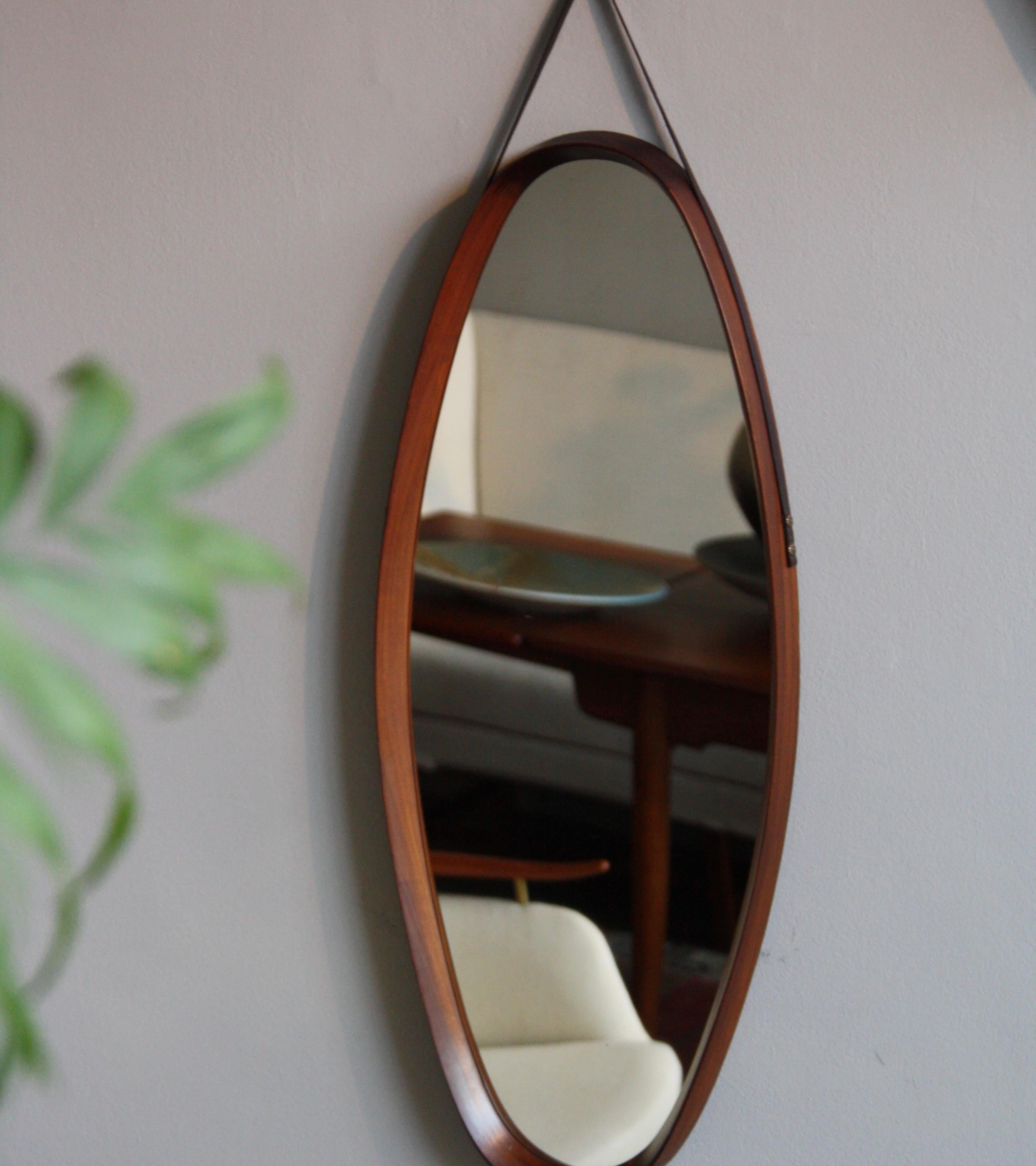 Danish Oval Shaped Vintage Wall Mirror with Leather Hanging Strap, circa 1950 1