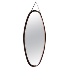 Danish Oval Shaped Vintage Wall Mirror with Leather Hanging Strap, circa 1950