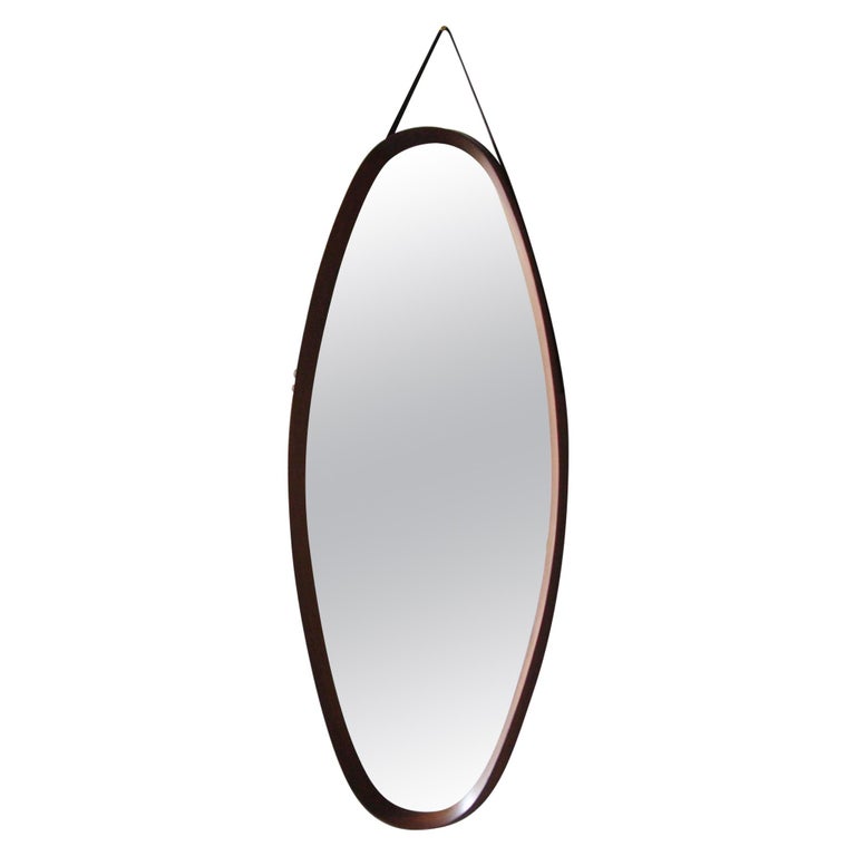 Danish Oval Shaped Vintage Wall Mirror with Leather Hanging Strap
