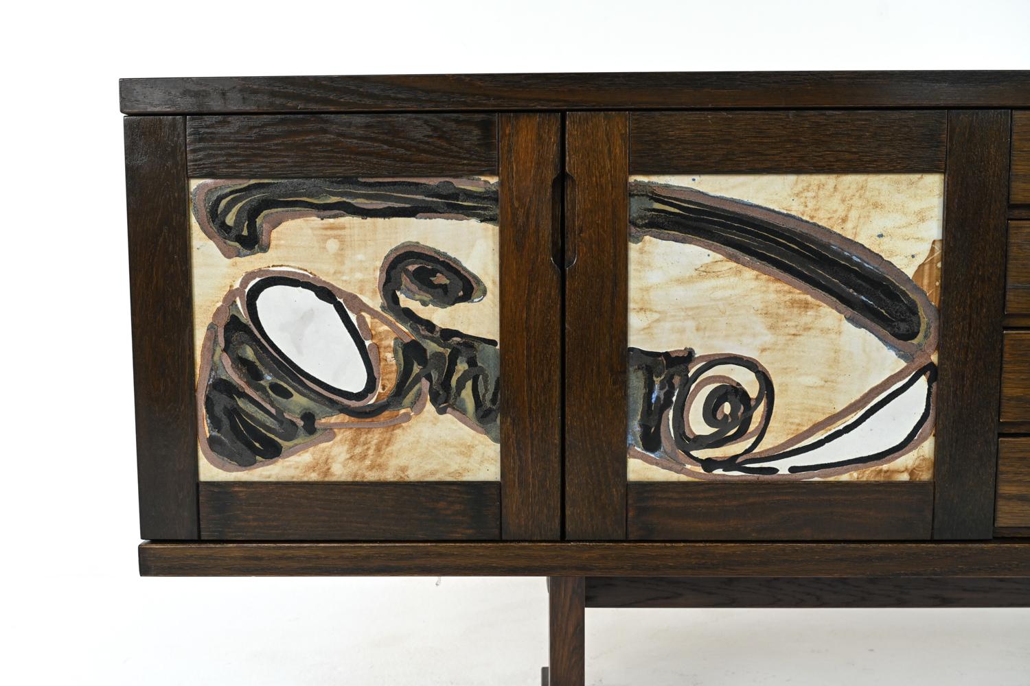 Stained Danish Ox Art Ceramic Tile & Oak Trestle Sideboard, c. 1970's