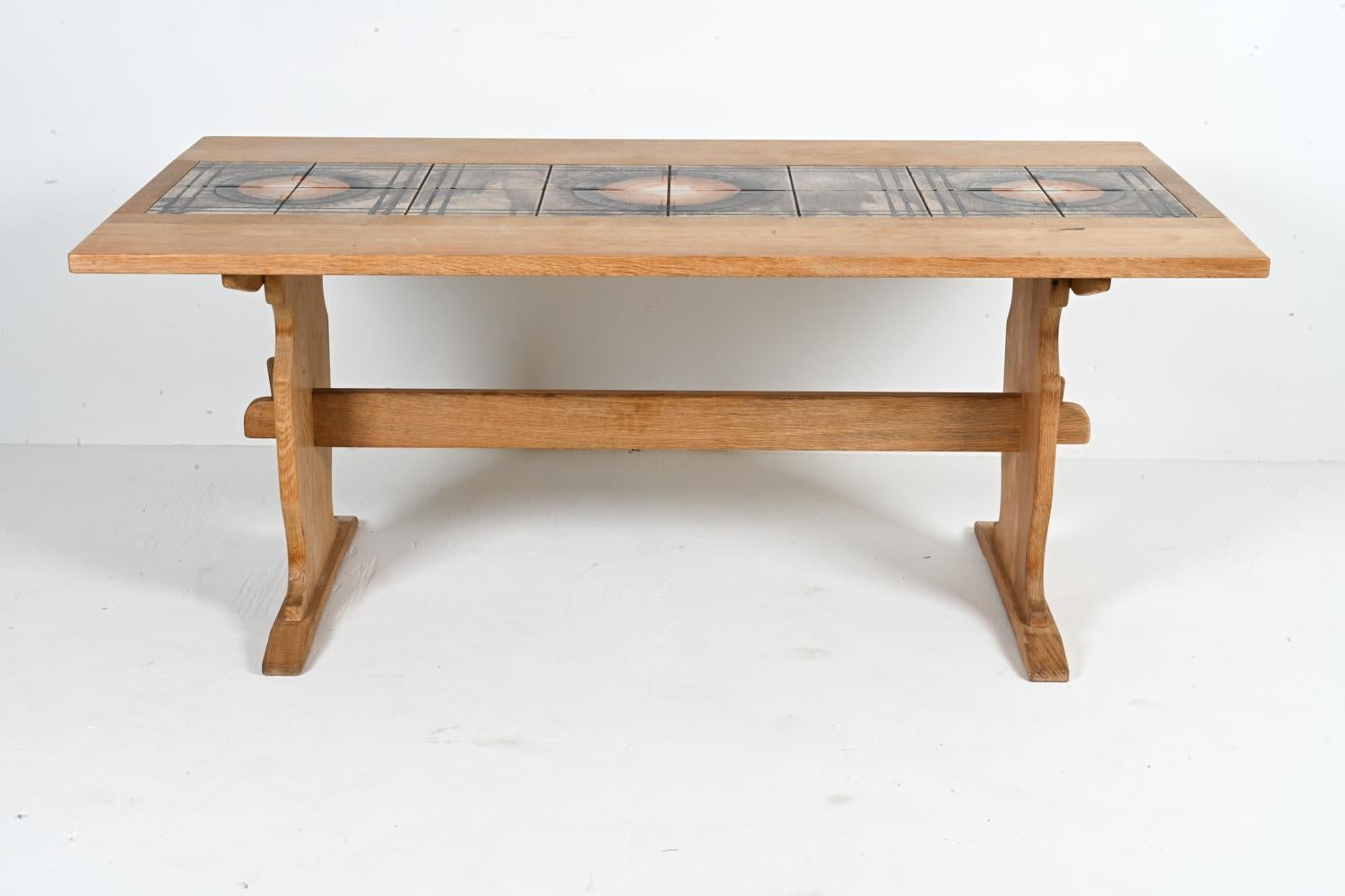 Danish Ox Art Oak & Ceramic Tile Mosaic-Top Dining Table With Leaves, c. 1970's In Good Condition In Norwalk, CT
