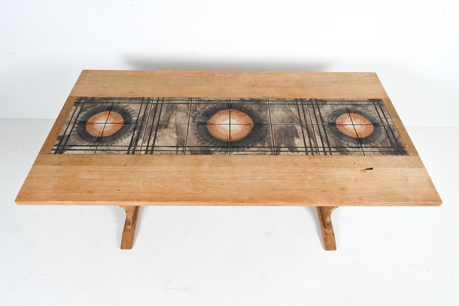 Danish Ox Art Oak & Ceramic Tile Mosaic-Top Dining Table With Leaves, c. 1970's For Sale 1