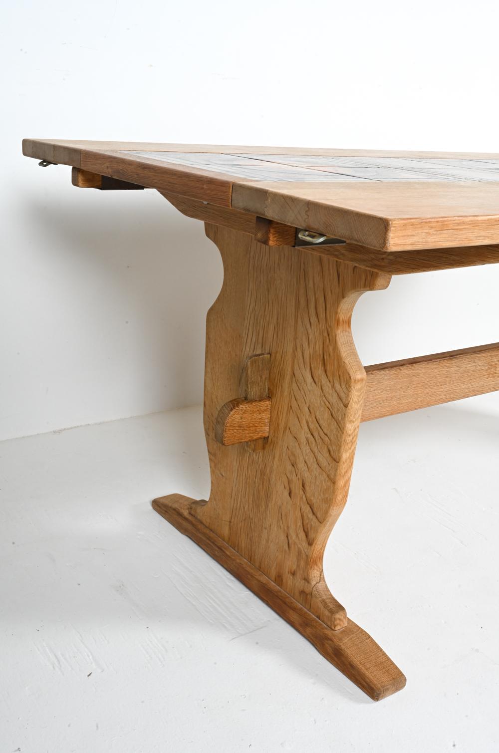 Danish Ox Art Oak & Ceramic Tile Mosaic-Top Dining Table With Leaves, c. 1970's For Sale 3