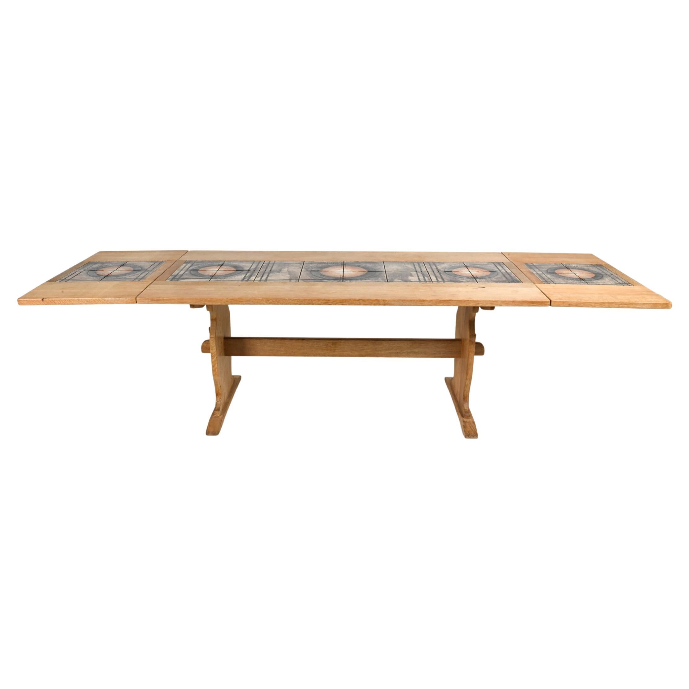 Danish Ox Art Oak & Ceramic Tile Mosaic-Top Dining Table With Leaves, c. 1970's For Sale