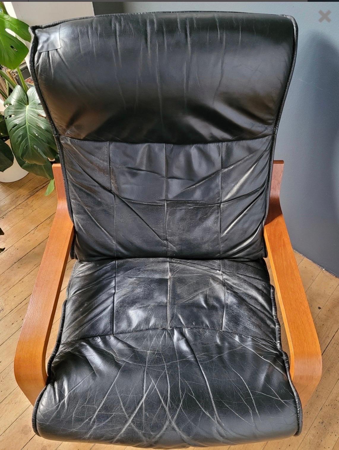 Danish OY BJ Dahlqvist Black Leather Bentwood Lounge Chair and Ottoman 4