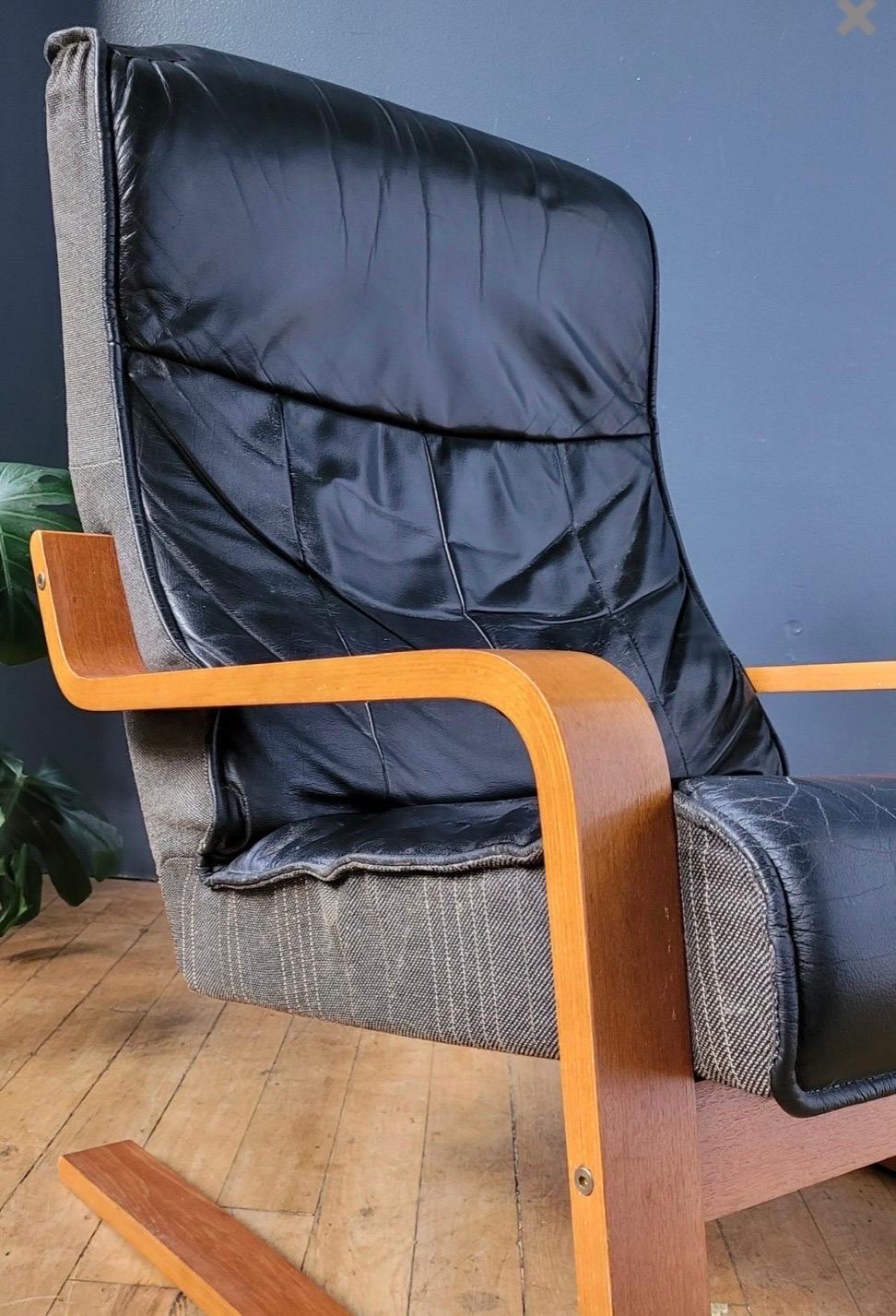 Scandinavian Modern Danish OY BJ Dahlqvist Black Leather Bentwood Lounge Chair and Ottoman