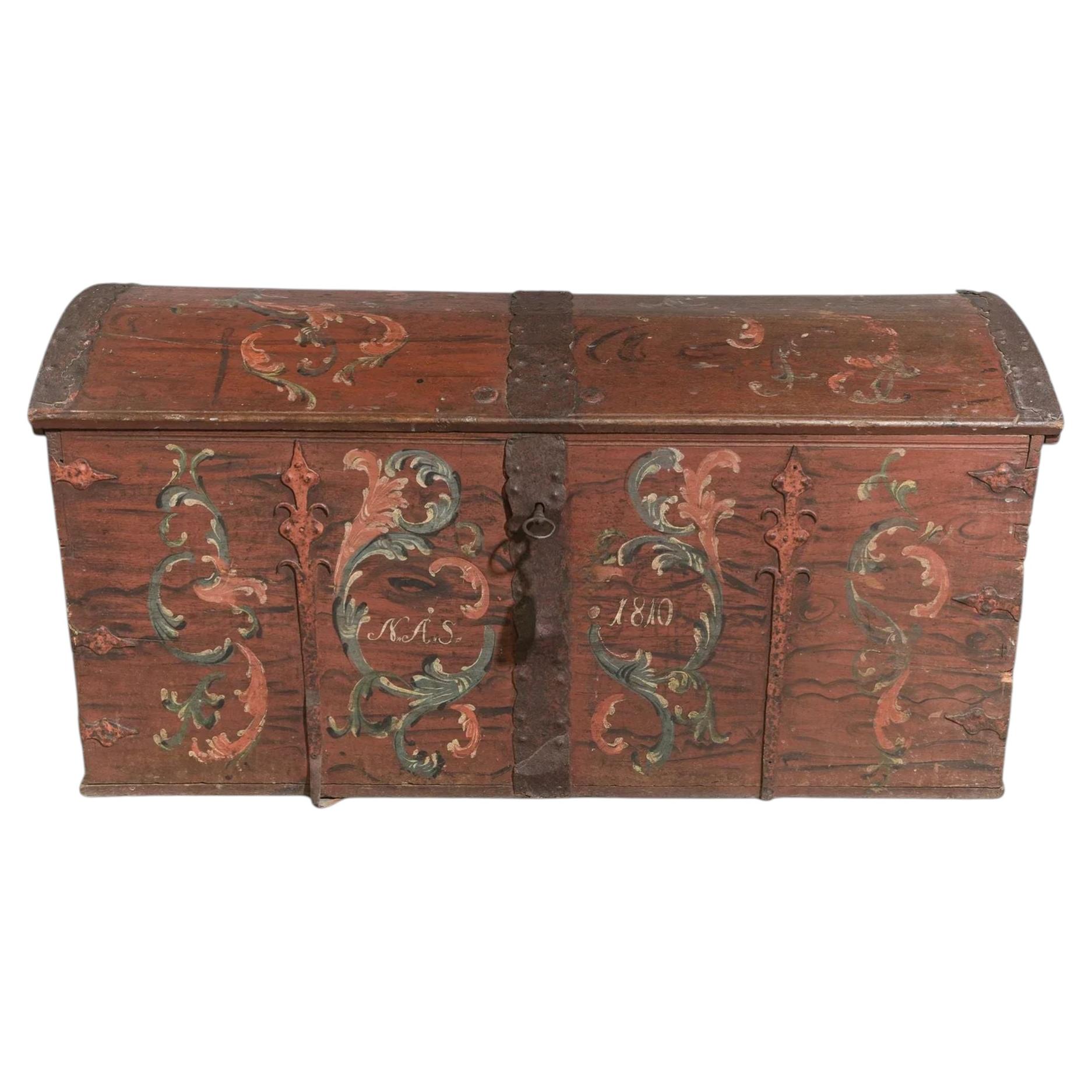 Danish Painted Dome-Top Trunk, Folk Art Blanket Chest, Dated 1810 For Sale