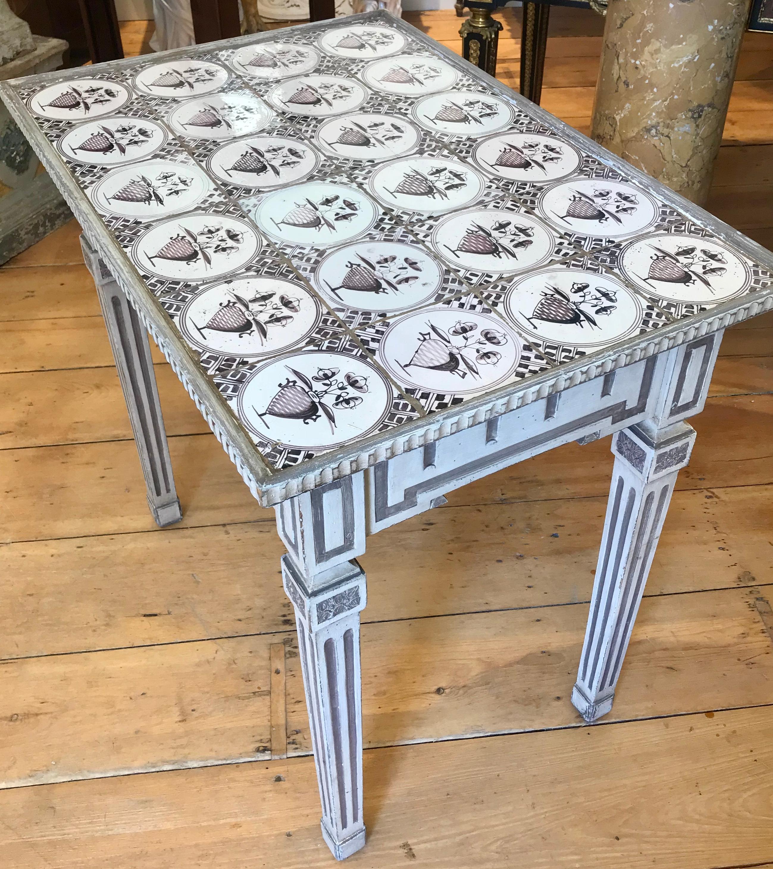 Glazed Danish Painted Neoclassical Tile Top Table