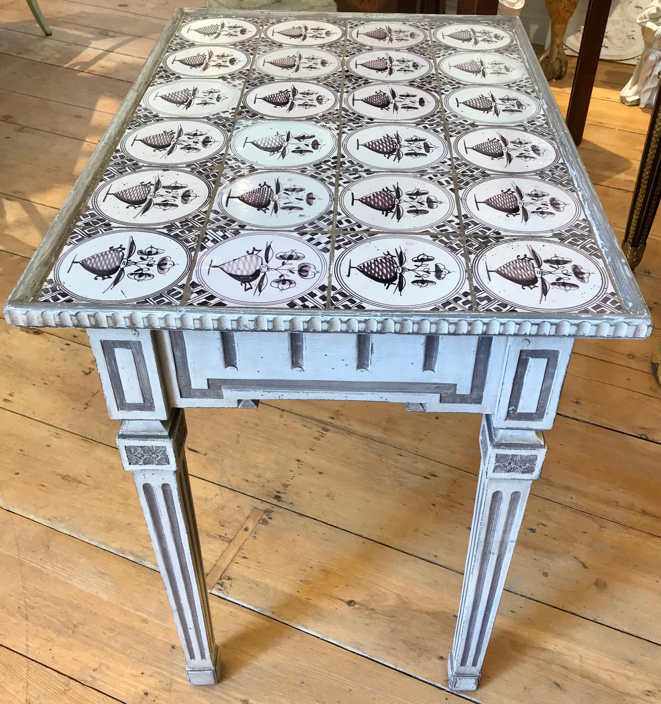 Danish Painted Neoclassical Tile Top Table In Excellent Condition In Essex, MA