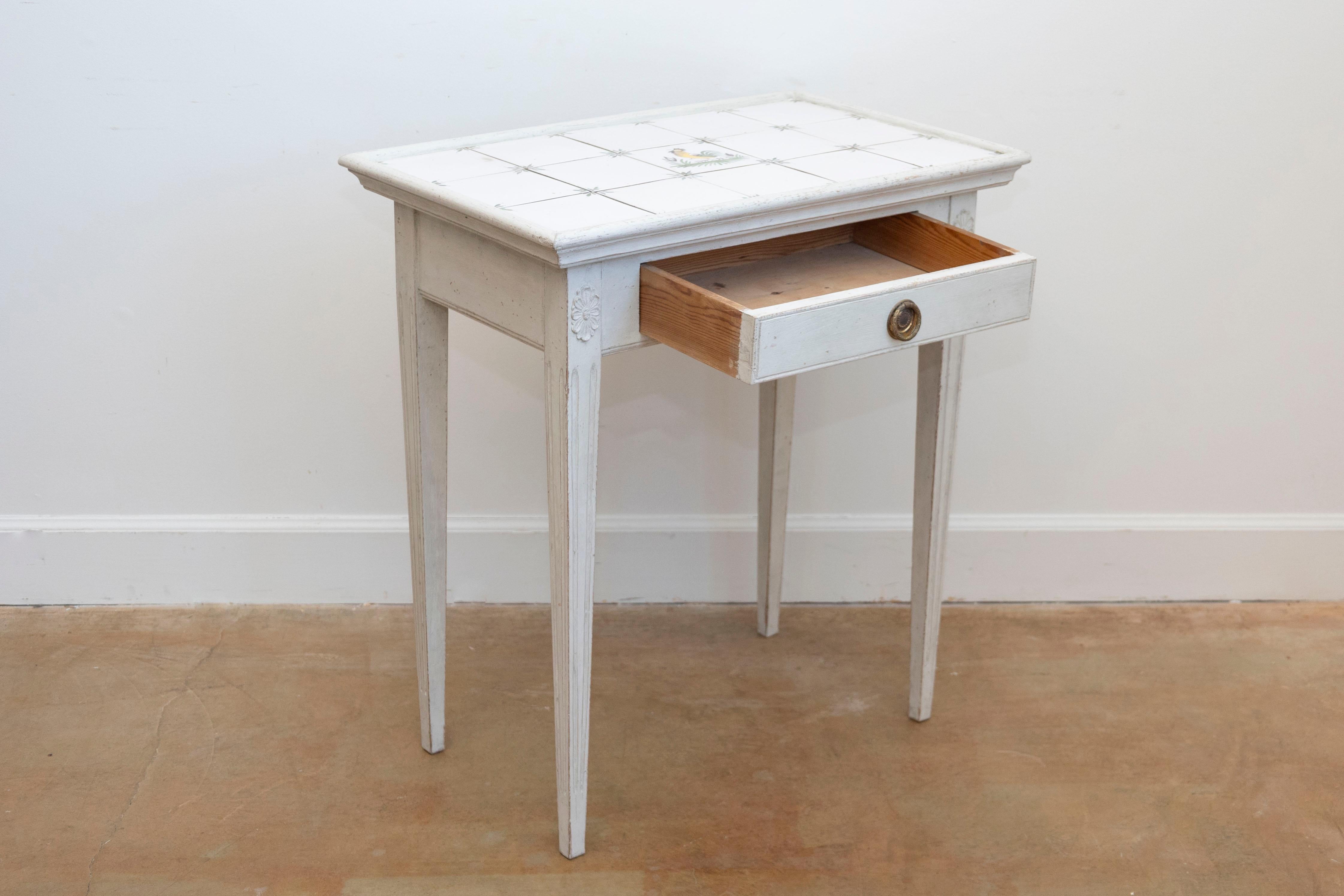 Danois Danish Painted Wood Side Table with Tile Top, Rooster Motif and Single Drawer en vente