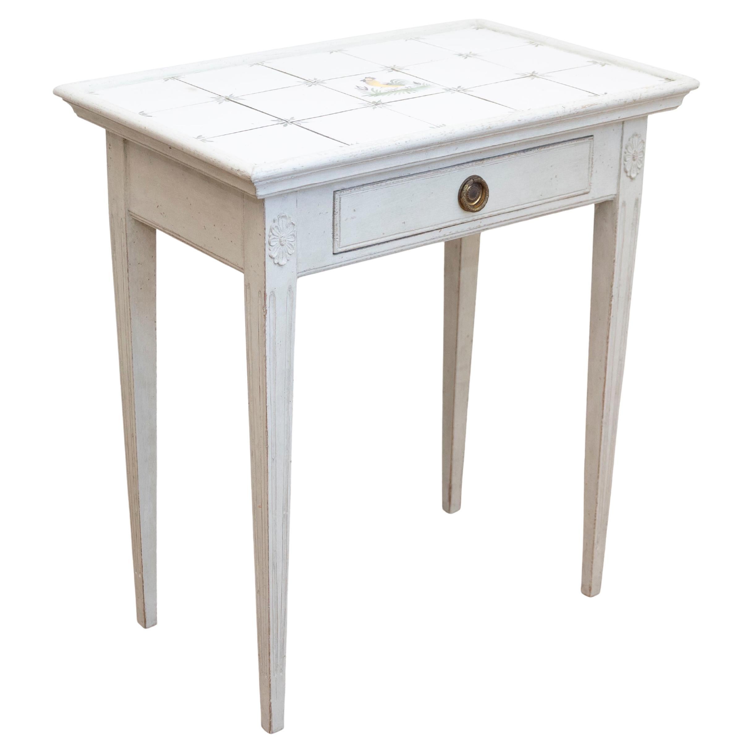 Danish Painted Wood Side Table with Tile Top, Rooster Motif and Single Drawer