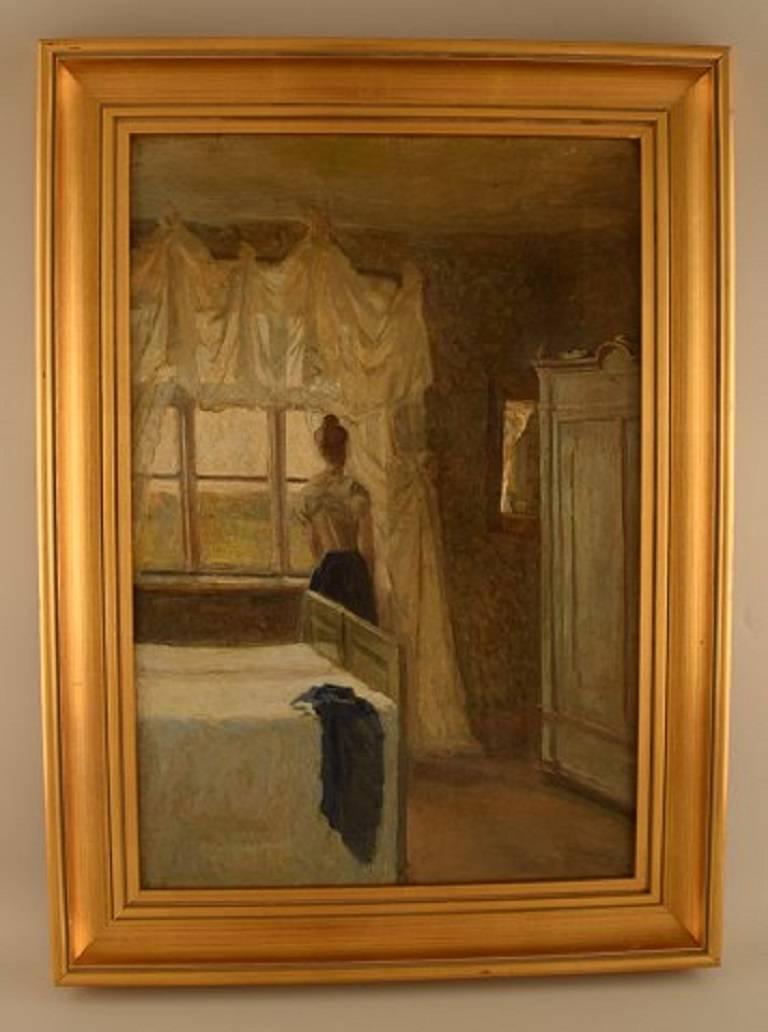 Danish painter circa 1890s: Bedroom interior with a woman by the window. 
Unsigned. 
Oil on canvas. 
Measures: 52 cm. x 35.5 cm.
In perfect condition.