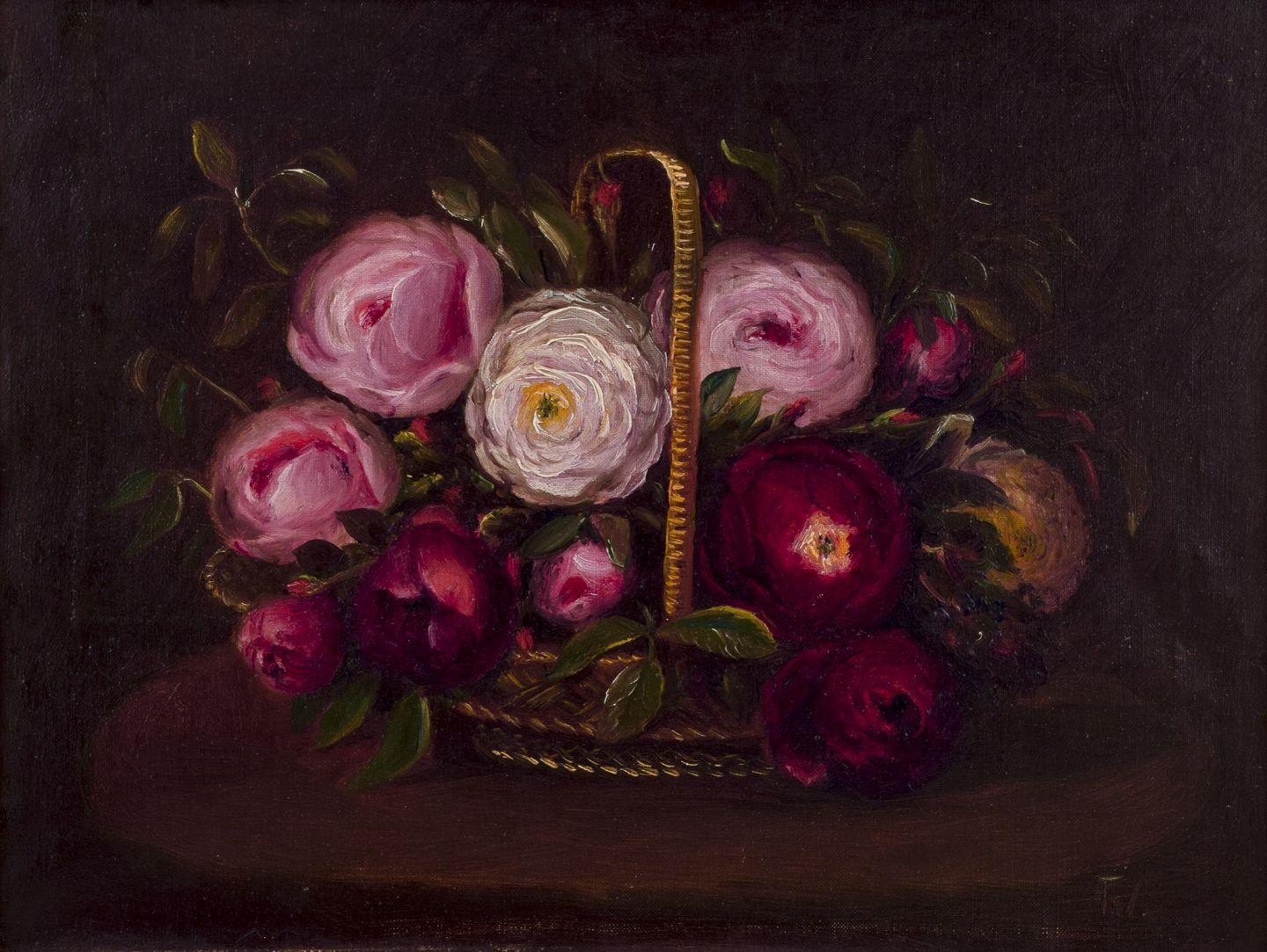 Danese Pittore danese. Olio su tela. Natura morta con rose in un cesto... Fine del XIX secolo. in vendita