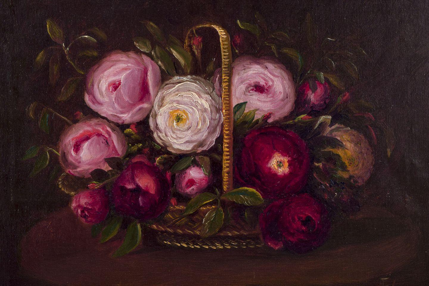 Pittore danese. Olio su tela. Natura morta con rose in un cesto... Fine del XIX secolo. In condizioni ottime in vendita a København, Copenhagen