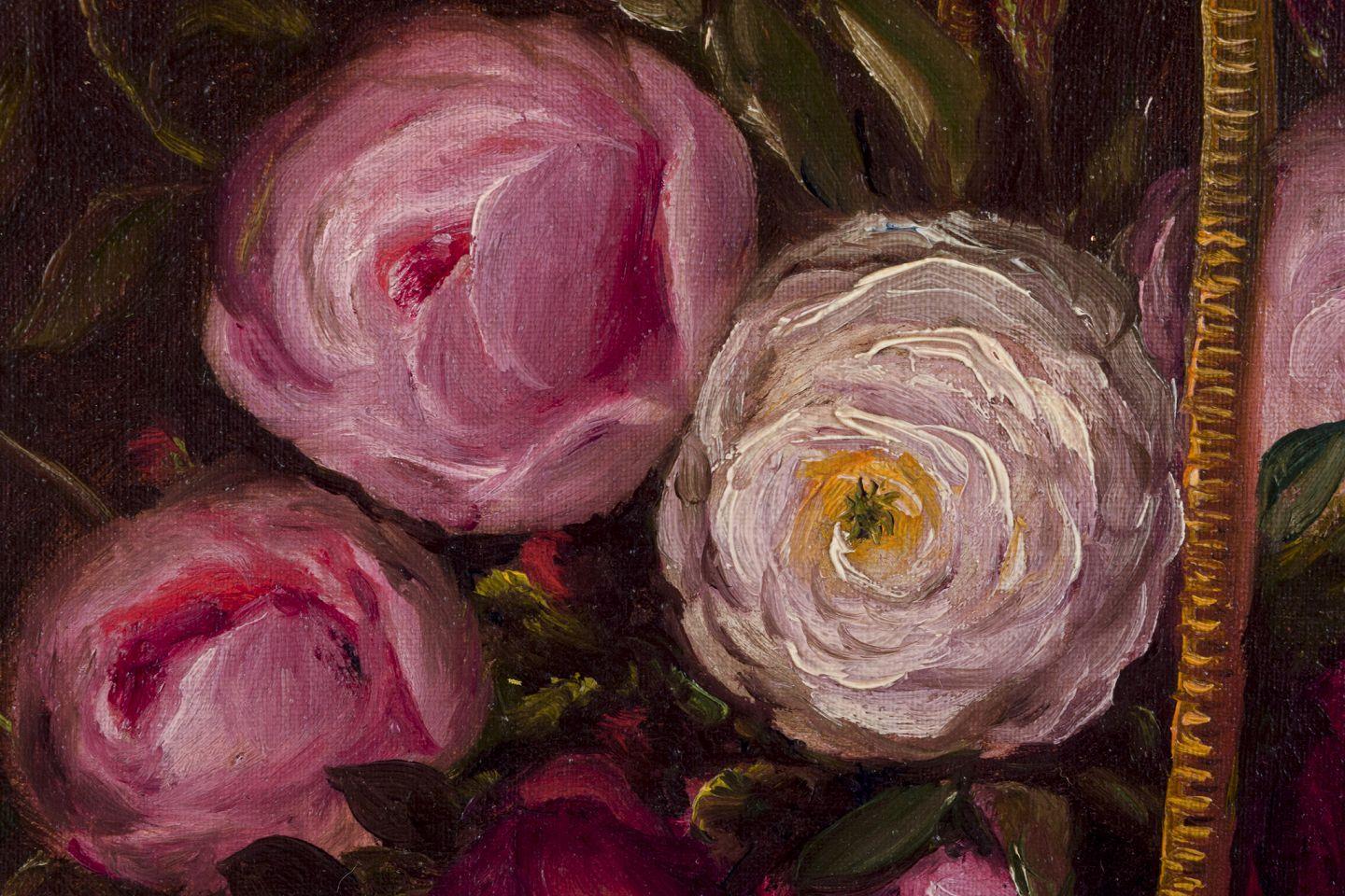 Tela Pittore danese. Olio su tela. Natura morta con rose in un cesto... Fine del XIX secolo. in vendita