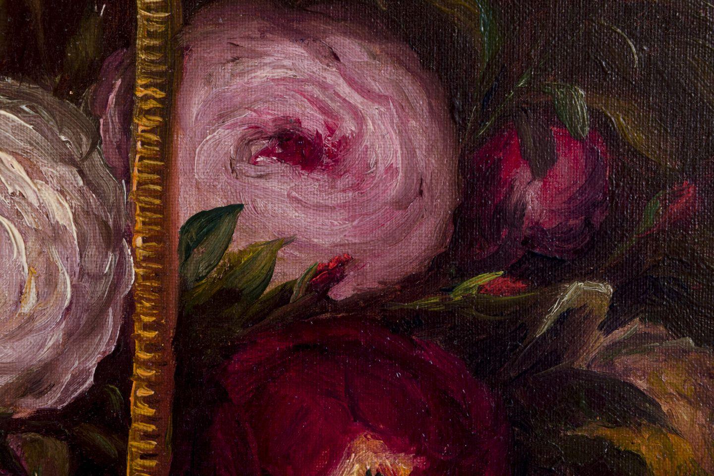 Pittore danese. Olio su tela. Natura morta con rose in un cesto... Fine del XIX secolo. in vendita 1