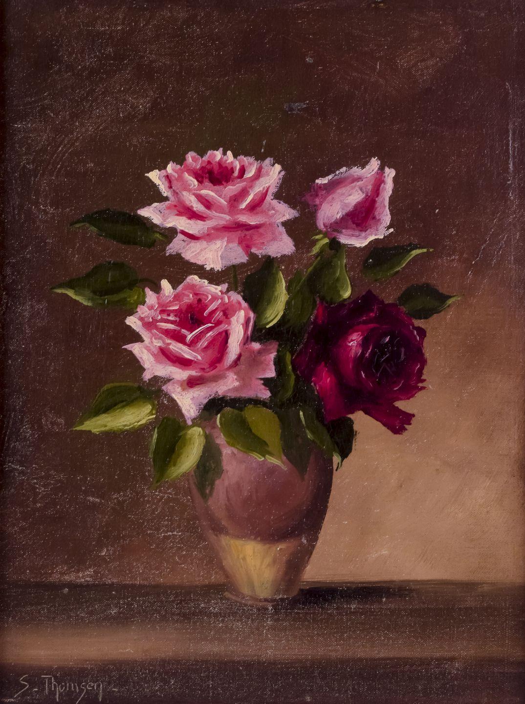 Danois Peintre danois. Huile sur bois. Nature morte avec des roses dans un vase. Fin du 19ème siècle. en vente