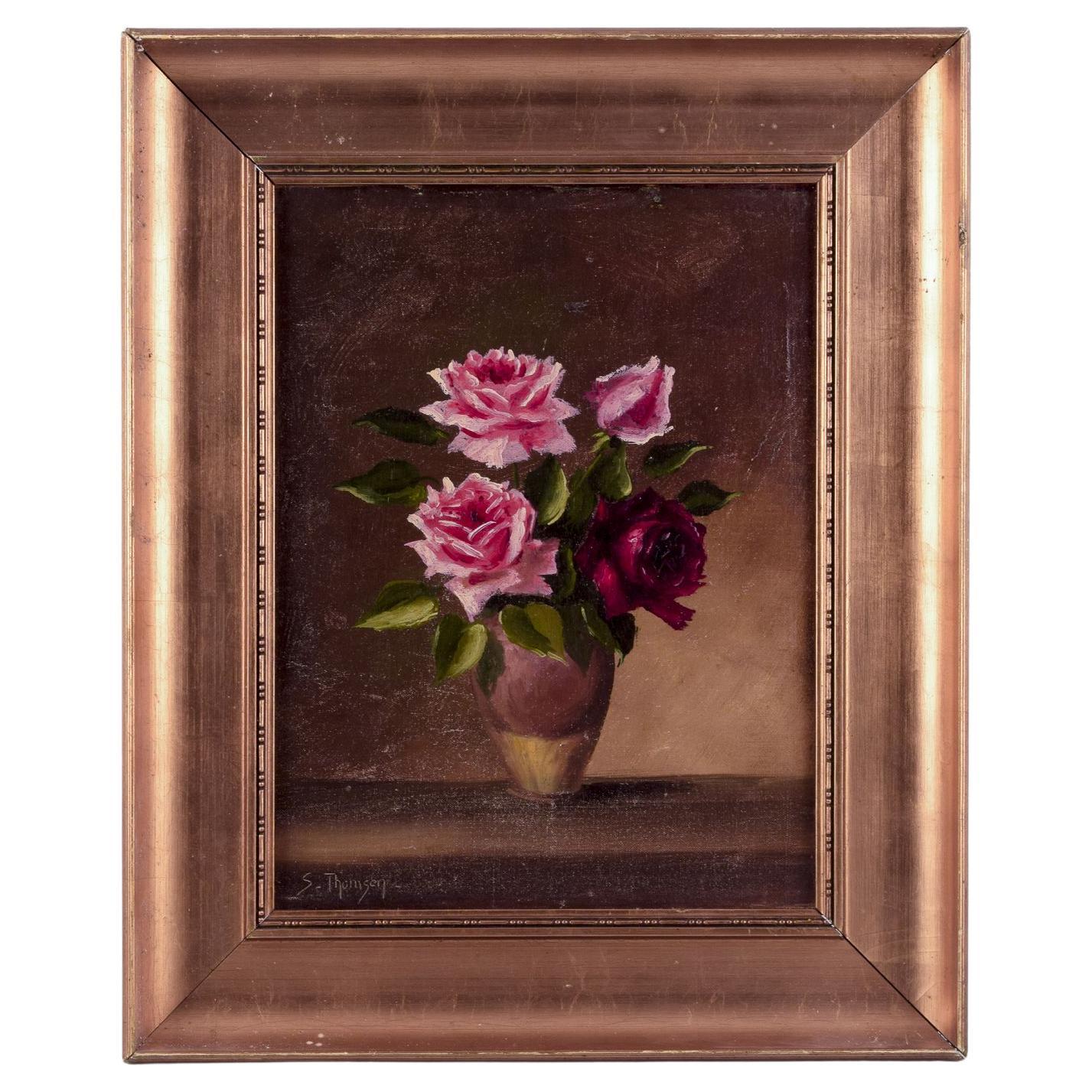 Peintre danois. Huile sur bois. Nature morte avec des roses dans un vase. Fin du 19ème siècle. en vente