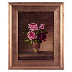 Antique Danish painter. Oil on wood. Still life with roses in vase. Late 19th C.