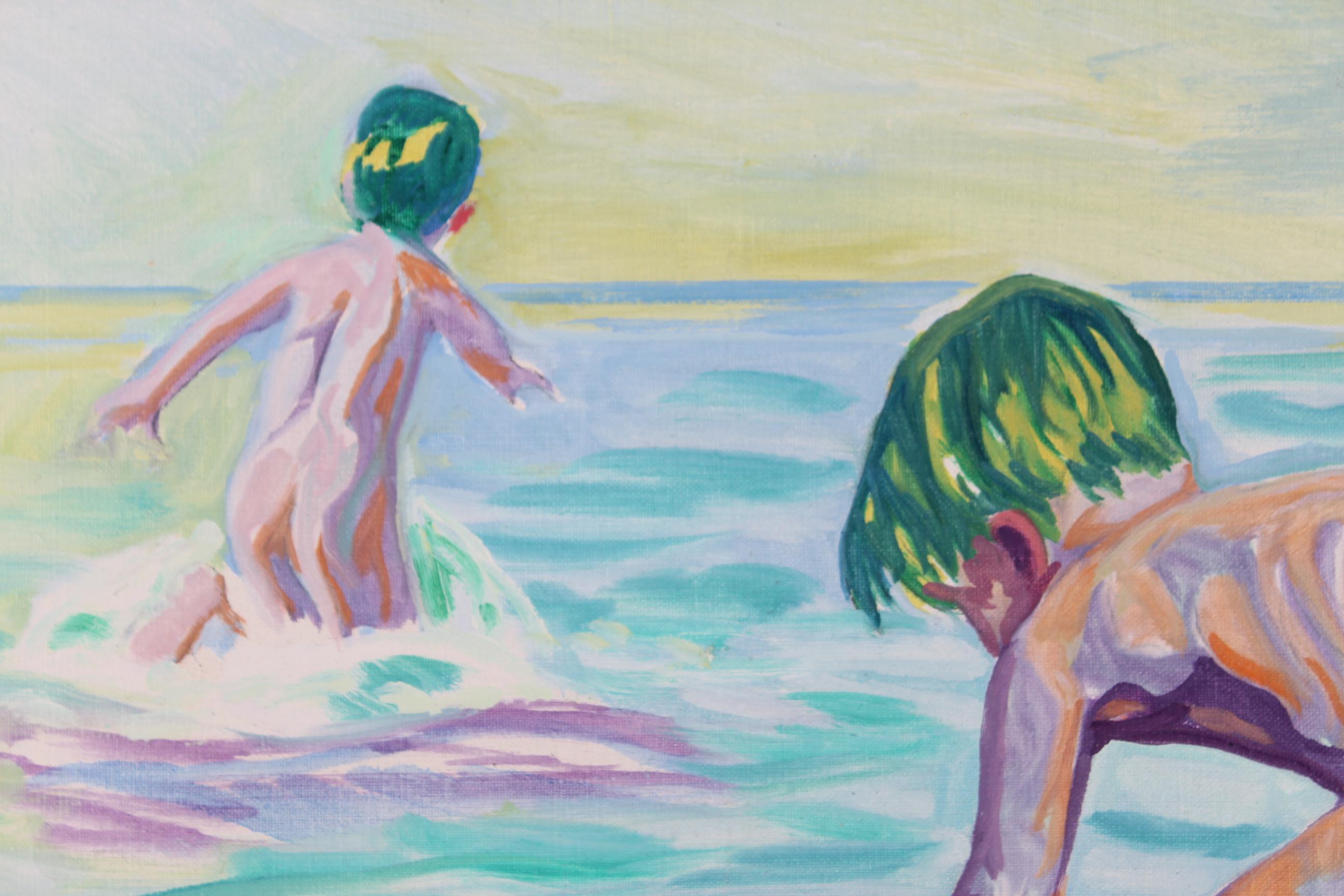 Dänisches Gemälde von Ejnar R. Kragh, „Children Bathing“, Öl auf Leinwand, Mitte des Jahrhunderts im Zustand „Gut“ im Angebot in Silkeborg, Silkeborg