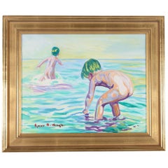 Danish Painting by Ejnar R. Kragh "Children Bathing" Oil on Canvas Midcentury