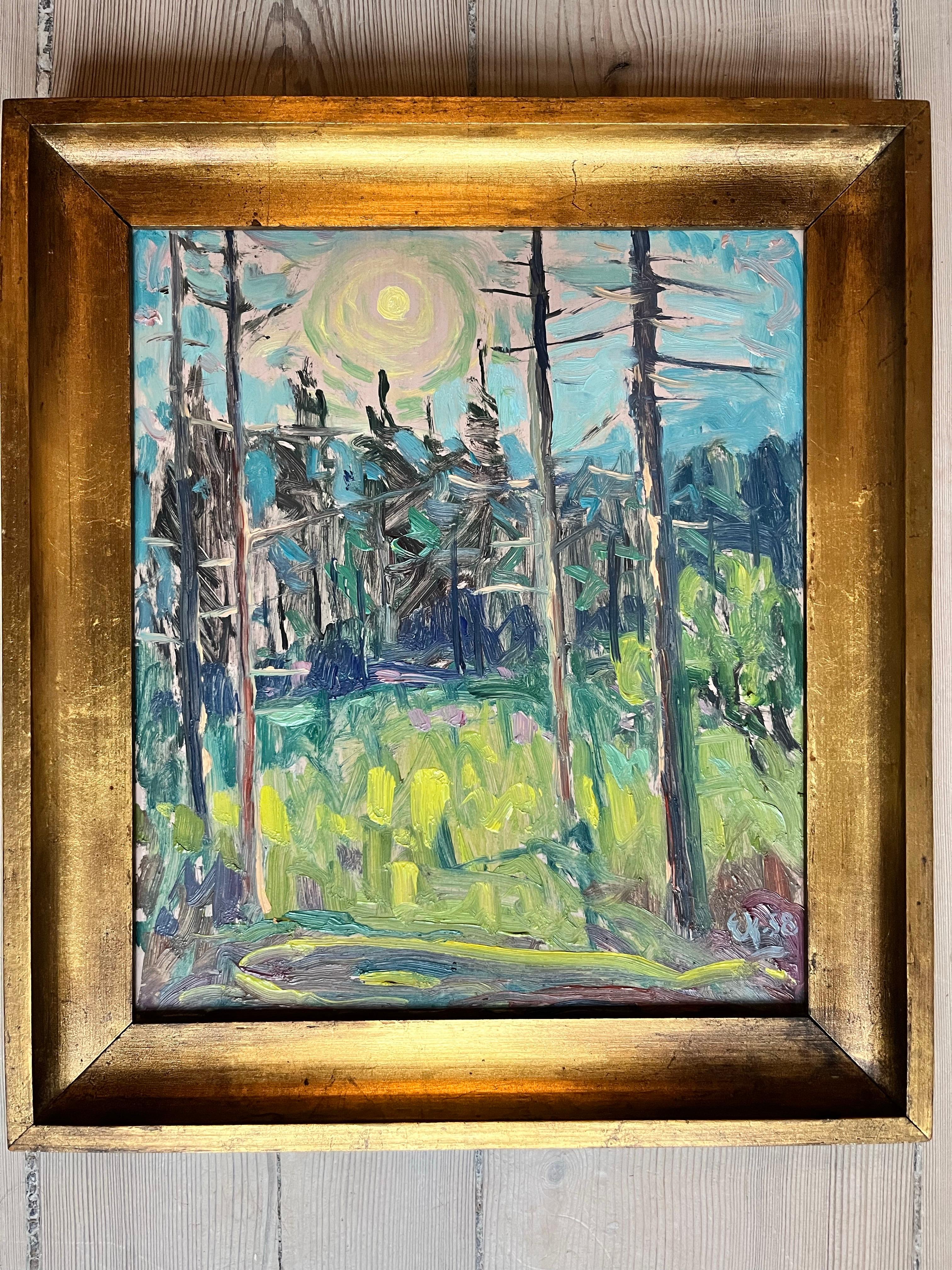 Oli on panel by Elisabeth Karlinsky.
Monogram: EK, 58.
Golden frame, from the periode.
With frame: 32x37 cm
Without: 24x29 cm

Style: modern/ danish
Motive: Sun over pine forrest

Elisabeth Karlinsky (born May 19, 1904, in Kasten, Lower Austria;