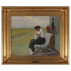 Danish Painting by Søren Kristensen "Young Girl sewing" Oil on Canvas