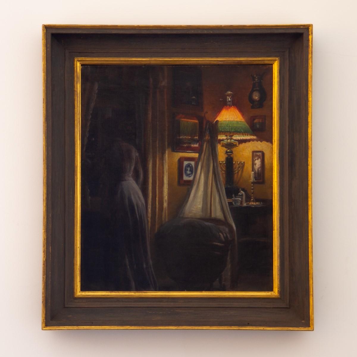 A 19th century Danish oil on canvas painting, showing a child’s cot in a drawing room and catching the light of the oil lamp perfectly. The painting has the original painted and giltwood frame as well as the original stretcher, circa 1870s, signed