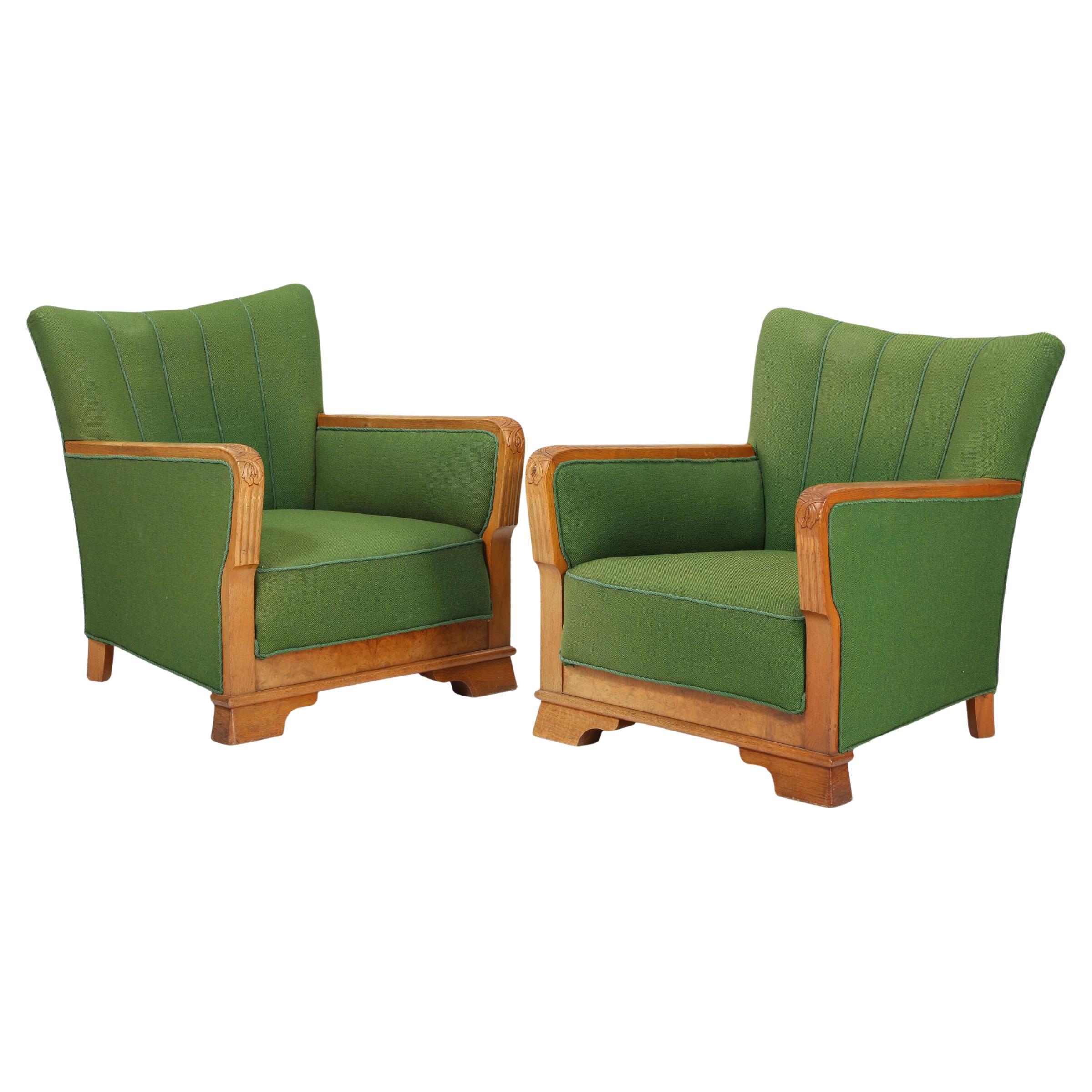Danish Pair 1940s Lounge Chairs with Carved Oak Armrests and Scalloped Backrests