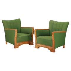 Danish Pair 1940s Lounge Chairs with Carved Oak Armrests and Scalloped Backrests