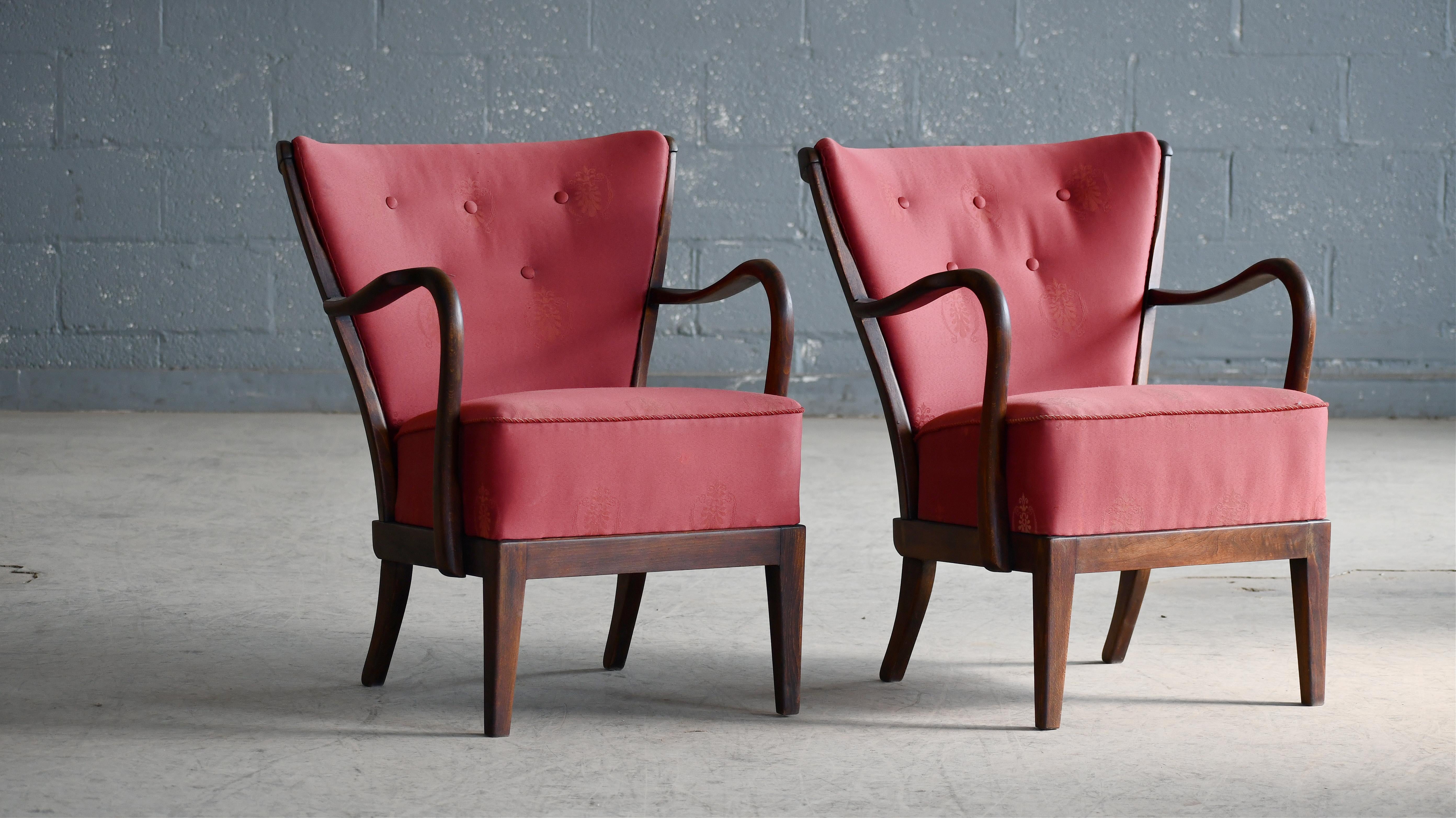Mid-Century Modern Danish Pair 1940s Spindleback Lounge Chairs by Alfred Christensen  For Sale