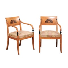 Danish Pair Mid 19th C. Birch Armchairs w/Classical Urn Motif Inlays