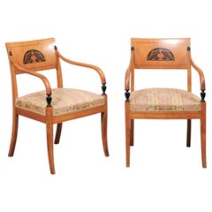 Danish Pair Mid 19th C. Birch Armchairs w/Classical Urn Motif Inlays
