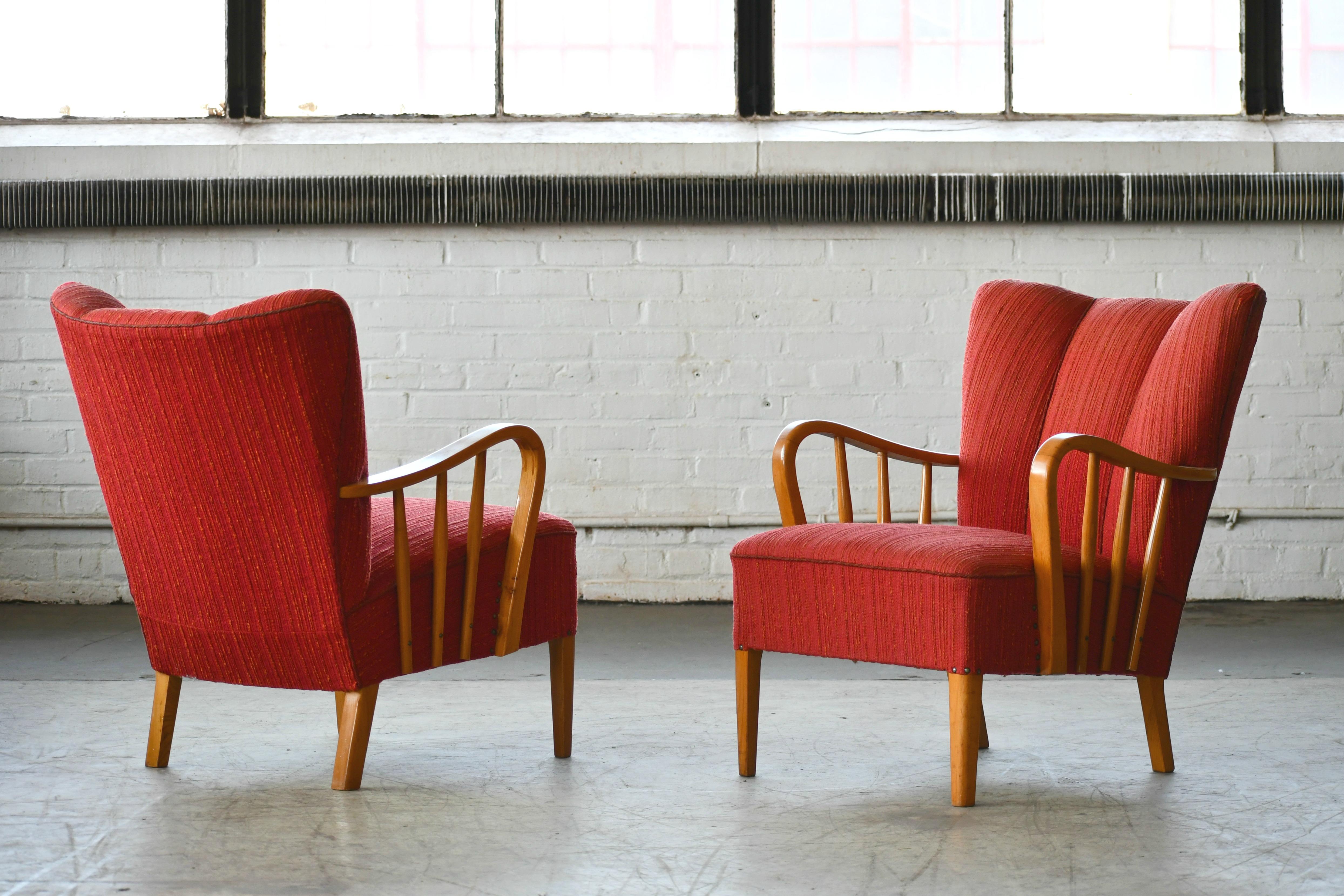 Wool Danish Pair of 1940s Lounge Chairs with Elmwood Armrests