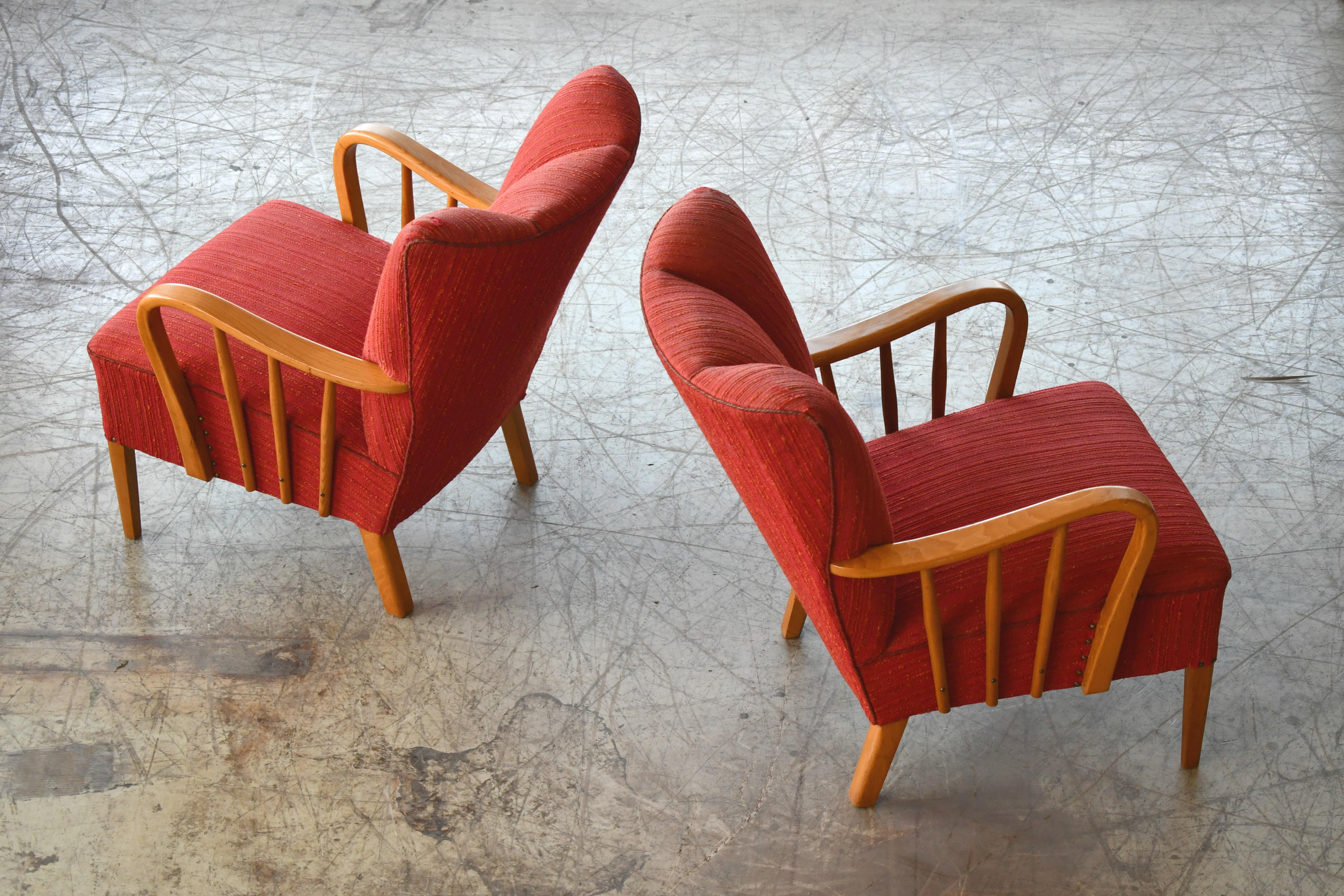 Danish Pair of 1940s Lounge Chairs with Elmwood Armrests 1