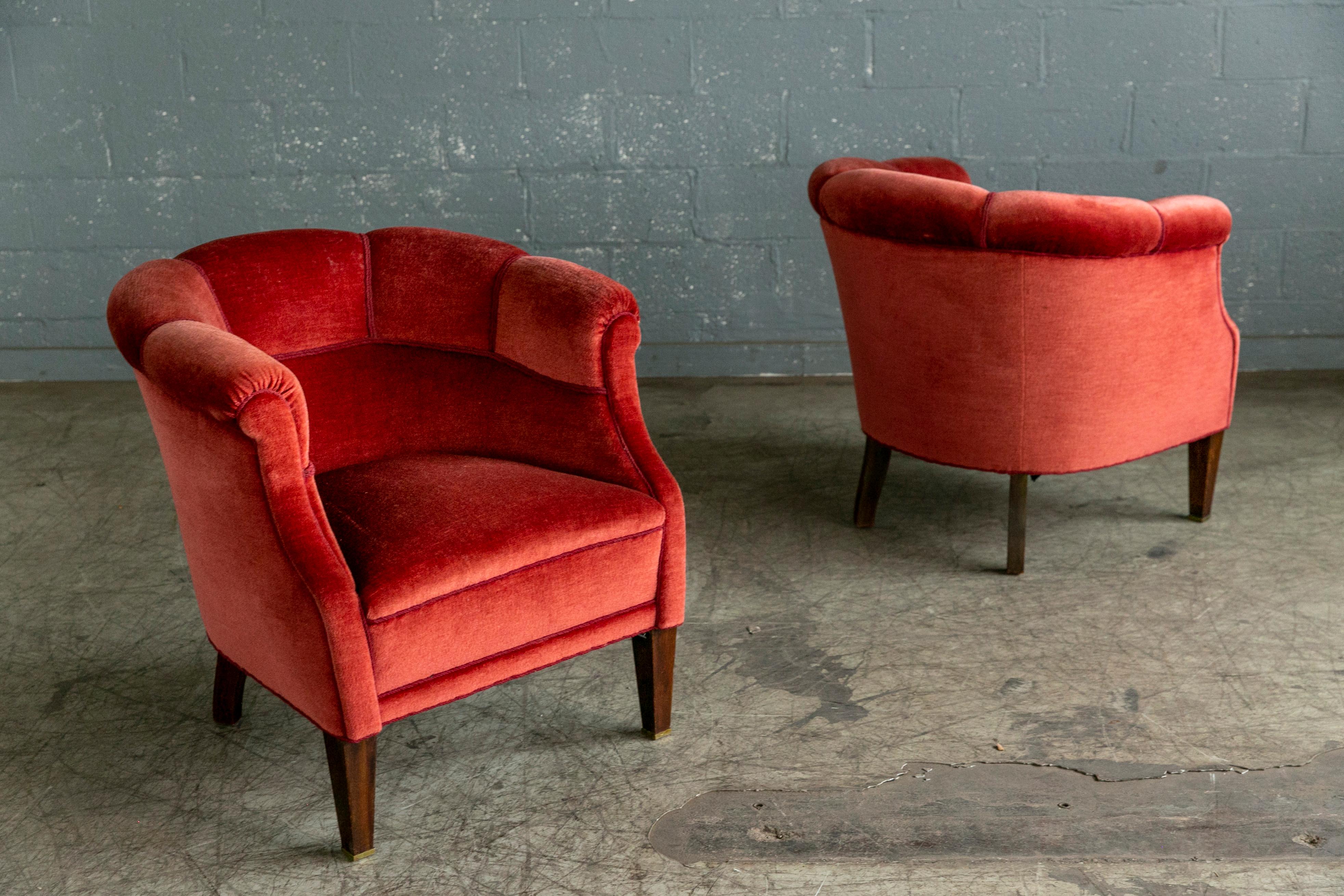 Mid-20th Century Danish Pair of 1940s Low Lounge Tub Chairs in Red Mohair