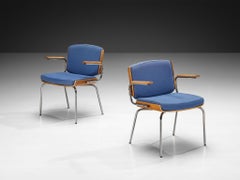 Danish Pair of Armchairs in Oak and Chrome with Blue Upholstery