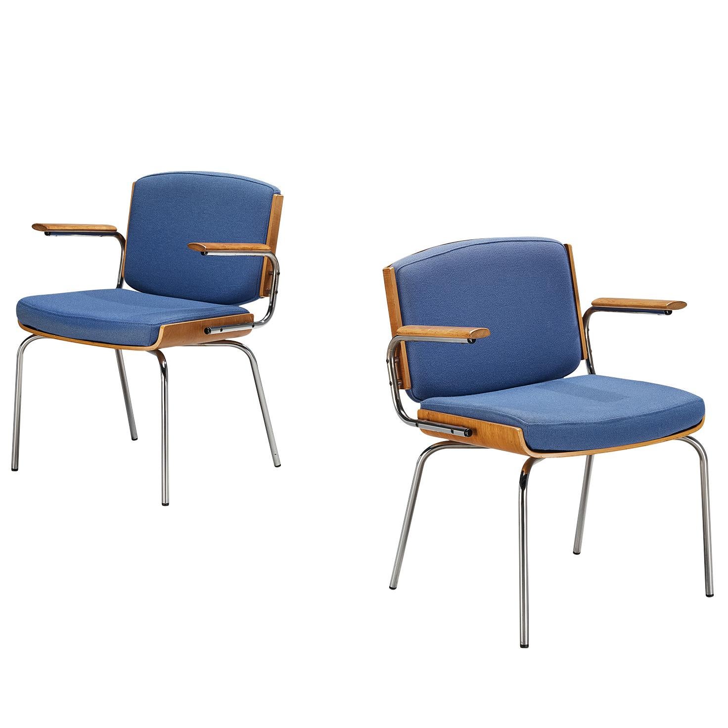 Danish Pair of Armchairs in Oak and Chrome with Blue Upholstery