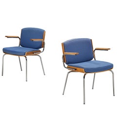 Danish Pair of Armchairs in Oak and Chrome with Blue Upholstery