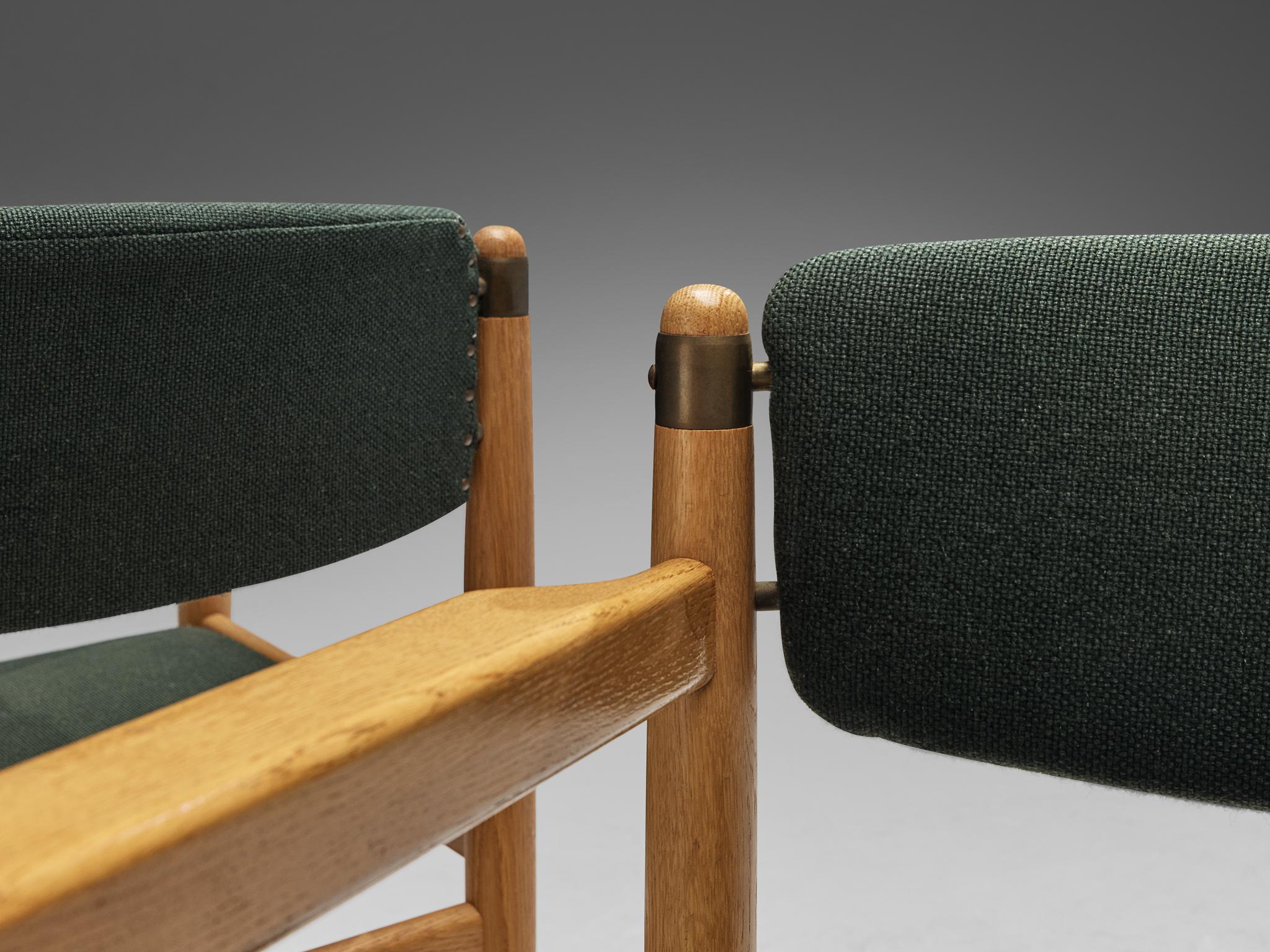 Mid-20th Century Danish Pair of Armchairs in Oak and Forest Green Upholstery